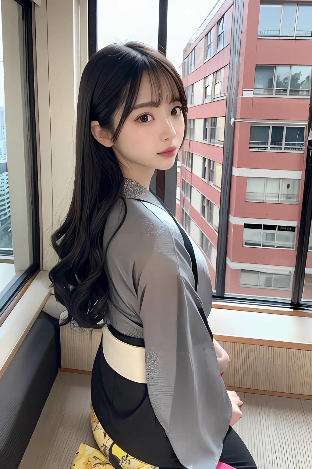 (8K)、(Top image quality:1.2)、(reallistic)、(Photorealsitic:1.37)、The ultra -The high-definition、1girll、Beautiful details、Beautiful nose in every detail、full body Esbian、hair arrange、Kanzashi in the hair、Mixed black and gray hair、Window side of a high-rise apartment building、posterior view、165cm、50kg、Colorful kimono_Clothes:1.Wearing 3