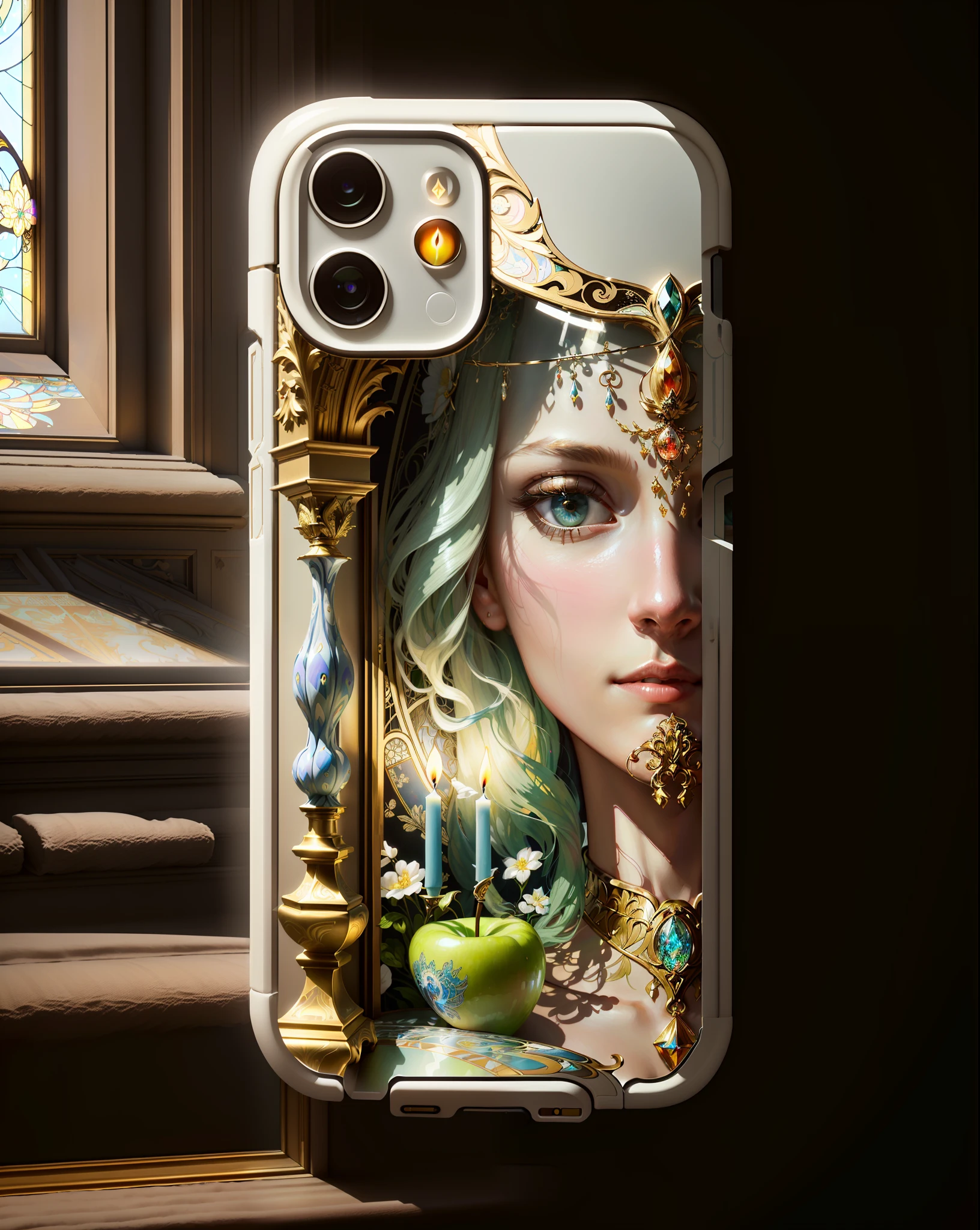 There is a phone case，Pictures of candles in the windows, Surreal + Highly detailed, hyperrealistic art nouveau, best photography of 2 0 2 1, surreal design, A painting of an Apple phone, dreamy and detailed, beautiful cameraphone, Surreal complex details, beeple and alphonse mucha, 3d magical details, beeple masterpiece