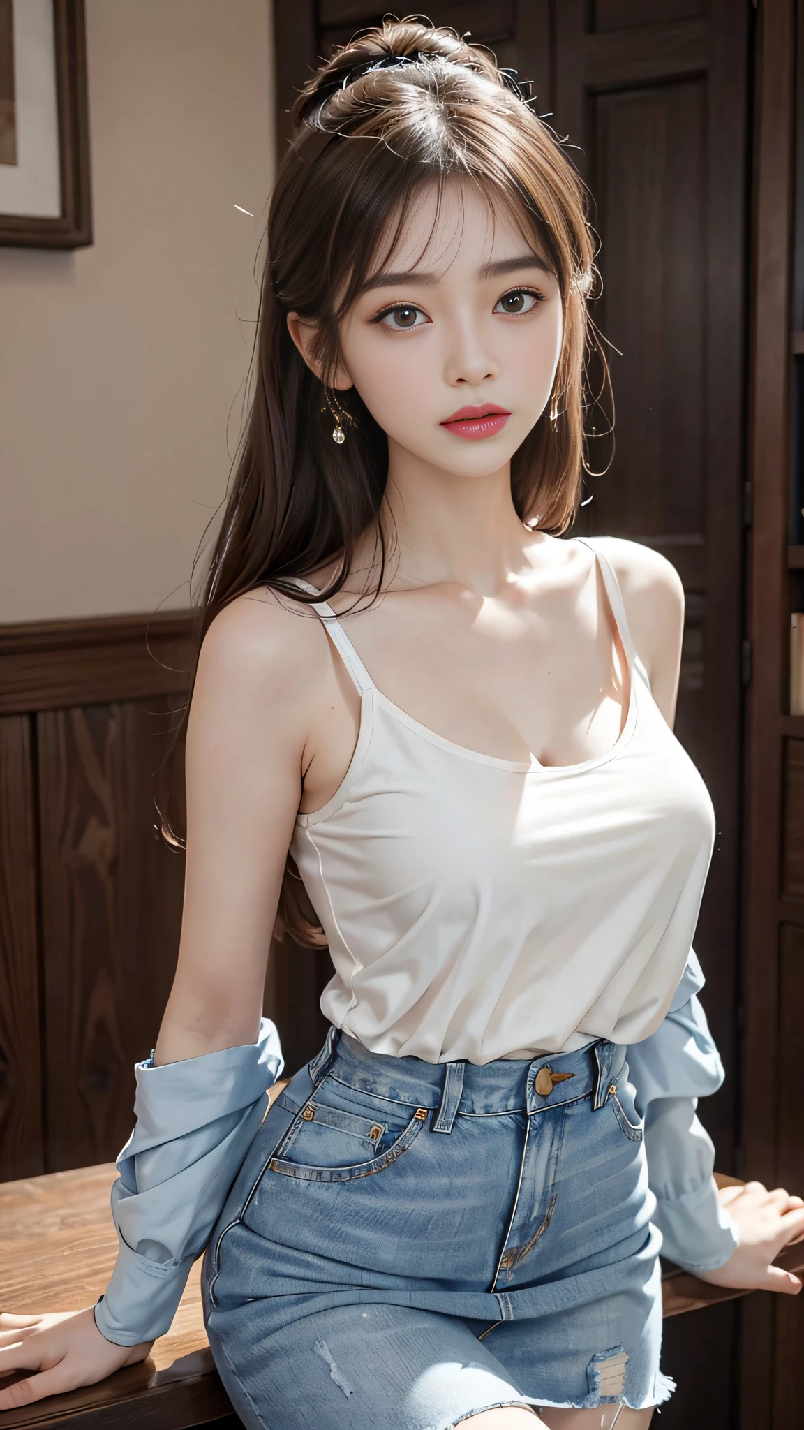 Beautiful and charming woman in fashion trend, gentle and lovely Chinese beautiful woman, Big breasts, delicate sexy collarbone, Charming goose egg face, Double eyelids, flexible peach blossom eyes, Pink lips, Small upturned nose, Bare shoulders, Focused face, Large breasts，facial closeups, hyper HD, Super detail, fully body photo, ultra-thin translucence, with this light blue denim skirt with beige T-shirt, Gentle and light sex，Fair and beautiful skin, Outstanding temperament, The elastic combination coupled with the overall match is also very inspiring for the figure, can see-through,