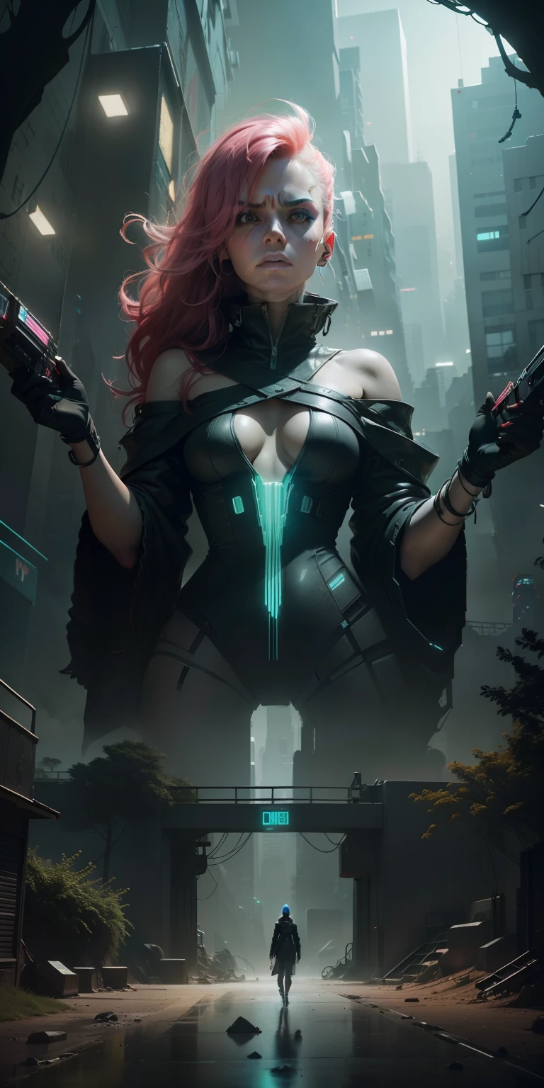 color photo of a cyberpunk illustration of a angry beautiful woman with petulant gaze emerging from a tunnel into a forest. The city skyline is seen in the background, and the sky is sunny. The environment is filled with a mix of natural and technological elements. The mood is futuristic and adventurous. The digital art is created using a Wacom Cintiq Pro and Adobe Photoshop. The camera settings include a high contrast and saturation to create a cyberpunk look. Directors: Ridley Scott, Denis Villeneuve. Cinematographers: Roger Deakins, Hoyte van Hoytema. Photographers: Tim Walker, Annie Leibovitz. Fashion Designers: Alexander McQueen, Gareth Pugh, Iris van Herpen.