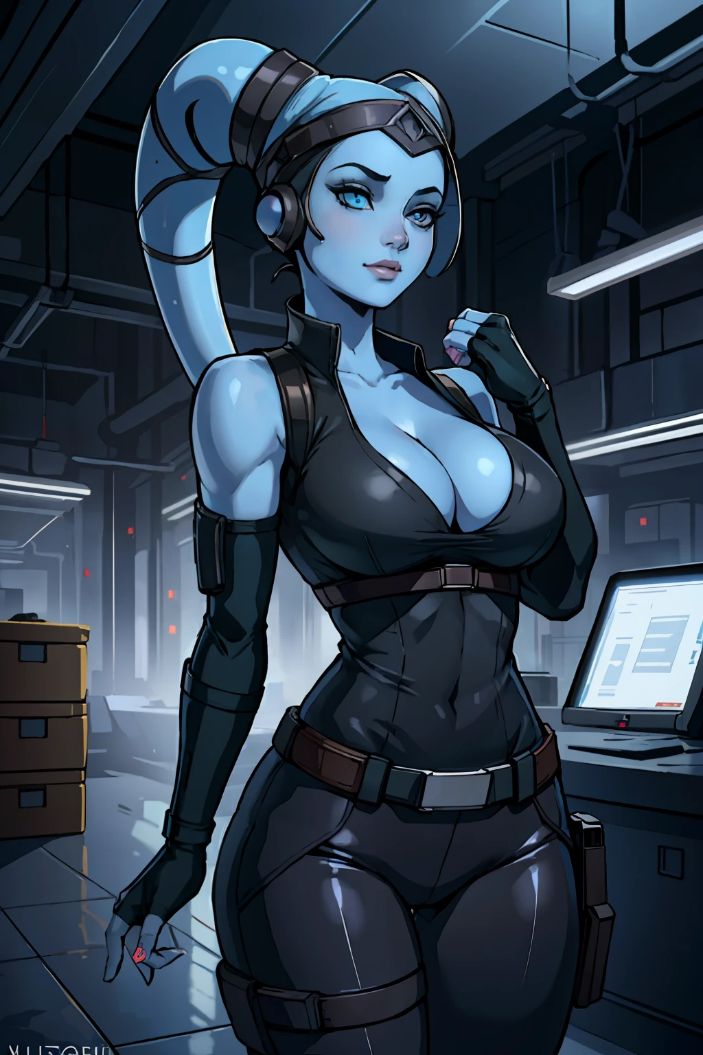 (masterpiece:1.2, best quality:1.2, beautiful, high quality, highres:1.1, aesthetic), detailed, extremely detailed, ambient soft lighting, 4K, perfect eyes, perfect face, perfect lighting, 1girl, (((blue skin)), twi'lek), (wearing black sleeveless shirt, grey utility vest, utility belt, fingerless gloves, tight pants, long boots, ((busty), slender body, thin, slim sexy body, slim waist, (((big boobs), big cleavage))), futuristic warehouse, Star Wars,