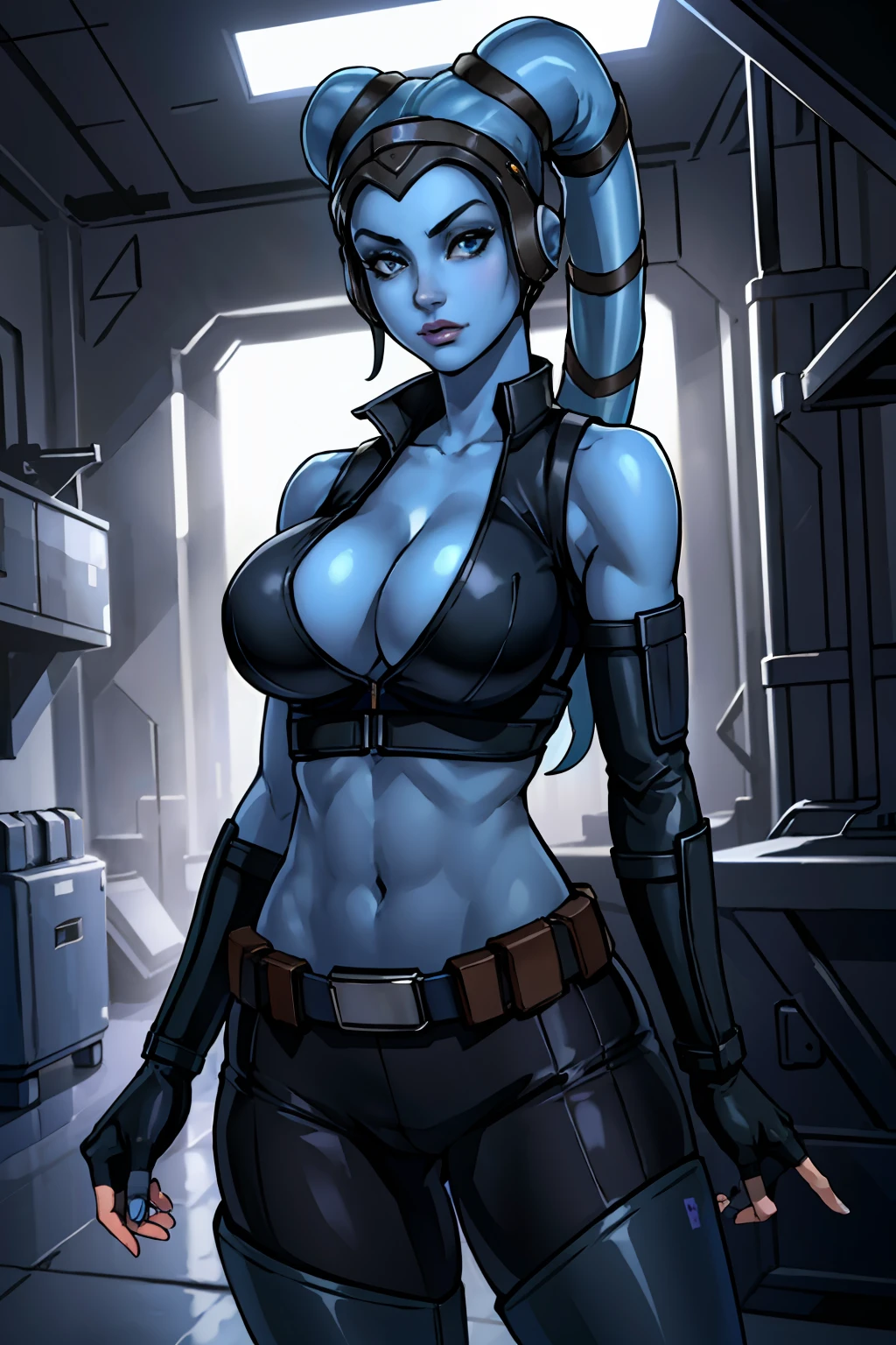 (masterpiece:1.2, best quality:1.2, beautiful, high quality, highres:1.1, aesthetic), detailed, extremely detailed, ambient soft lighting, 4K, perfect eyes, perfect face, perfect lighting, 1girl, (((blue skin)), twi'lek), (wearing black sleeveless shirt, grey utility vest, utility belt, fingerless gloves, tight pants, long boots, ((busty), slender body, thin, slim sexy body, slim waist, (((big boobs), big cleavage))), futuristic warehouse, Star Wars,