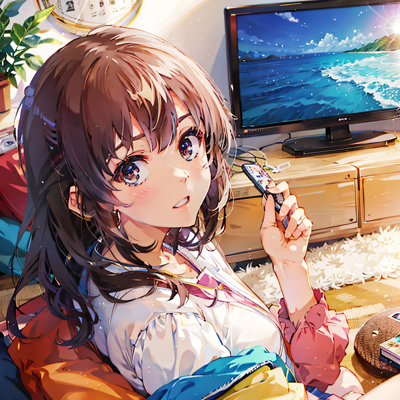 Anime girl sitting in chair,With the remote control in hand, style of anime4 K, Digital anime illustration, anime big breast! 4K, anime big breast! 4 k'', Detailed digital anime art, anime moe art style, anime visual of a cute girl, Smooth anime CG art, Cute anime girl, Digital anime art, Anime art wallpaper 4 K, Anime art wallpaper 4K