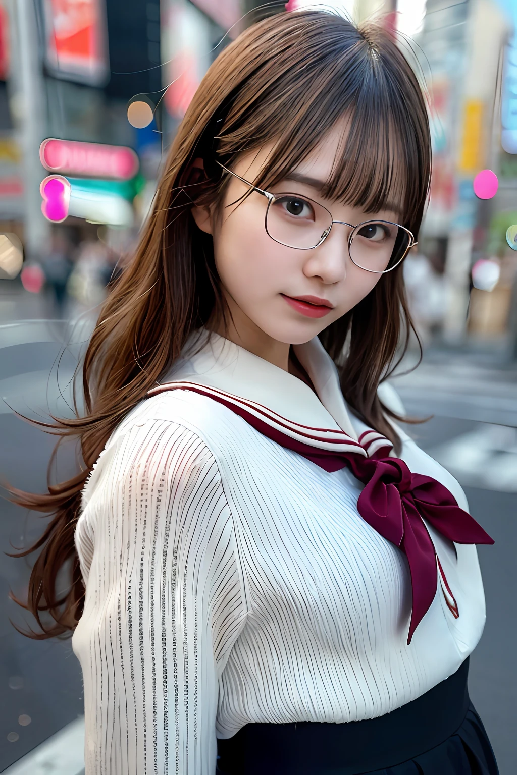 ultra best quality、masterpiece、超A high resolution、(Photorealsitic:1.4)、the Extremely Detailed CG Unity 8K Wallpapers、Detailed and complex、original、hight resolution、Raw foto、(perfect body type)、Detailed and complex,、Digital SLR、softlighting、hightquality、film grains、depth of fields、Leica Camera、50mm lens、back lighting、HDR、hyper realstic、Color Grade、dynamicposes、portlate、japanes、a smile、s lips、Light brown wavy hair、bangss、(Crowded Akihabara:1.2)、Front view View viewer、natural soft light、girl with、20yr old、full bodyesbian、独奏、 pupils、University、校服、sailor collar、Bobby Socks、pleatedskirt、daytime、in a street、deep-shadows、cute little、Beautie、Wearing square glasses、Unobtrusive、Cold light 12000K \\ a street、The state of the store、akihabara、Shinjuku、Shibuya、Ikebukuro、Detailed Realistic、Skin texture、ultra-detailliert、realistic skin textures、(Dramatic、awardwinning photo、Incredible masterpiece:1.3)
