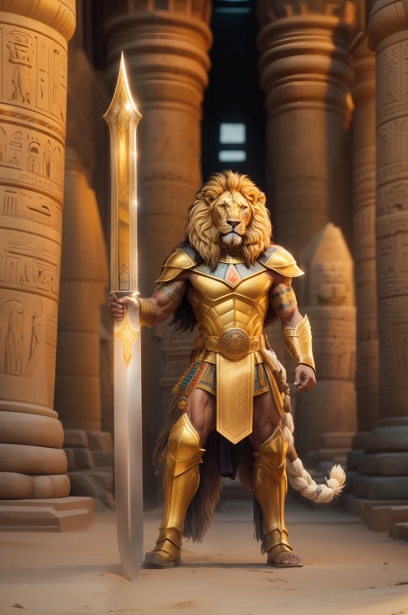 A humanoid lion warrior wielding a large sword, adorned in exquisite golden armor, exuding an aura of majesty, standing before the Egyptian pyramids. With a fierce and determined gaze, their fur glistens in the light. Their attire is adorned with various totemic symbols, creating a realistic effect with cinematic lighting.
regal atmosphere, golden hues, dramatic composition, Canon EOS R5 camera, Fujifilm Velvia 100 film, 85mm lens, shallow depth of field, Ridley Scott, Zack Snyder, Christopher Nolan, Alexander McQueen, Gucci