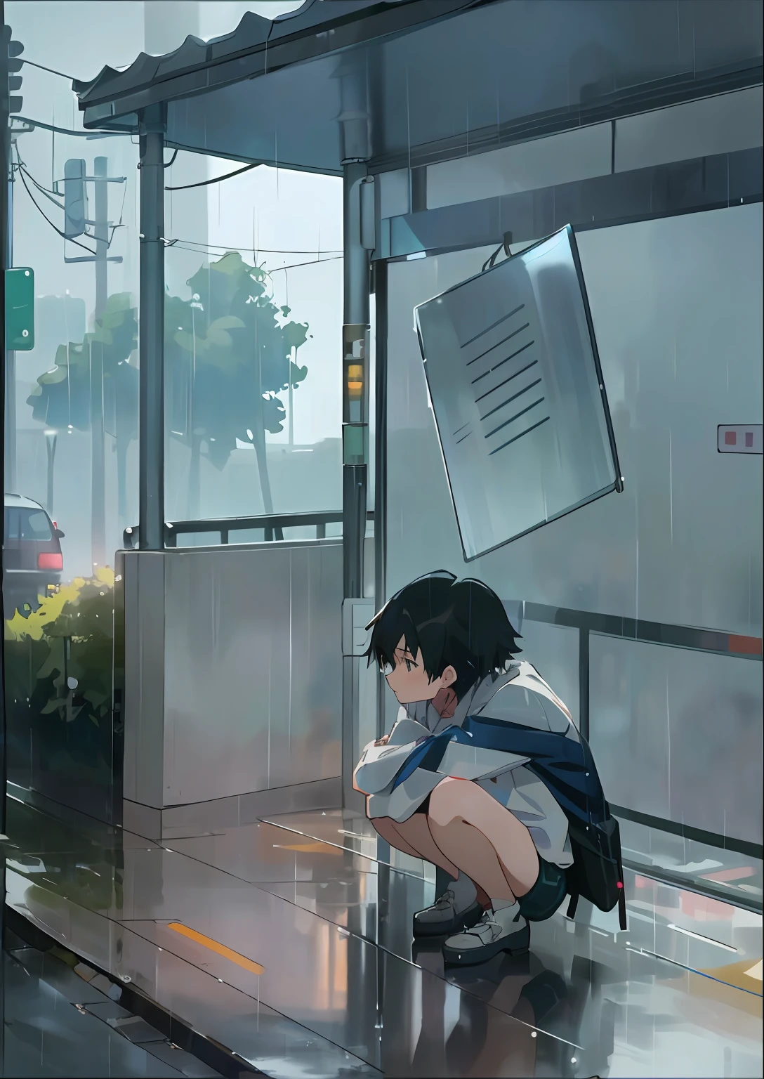 A girl squats at a bus stop， rainy outside, It's raining outside, Rainy days, rainy outside,  in the style of makoto shinkai,  On a rainy day, anime scene,  A rainy day, tokyo anime anime scene，
