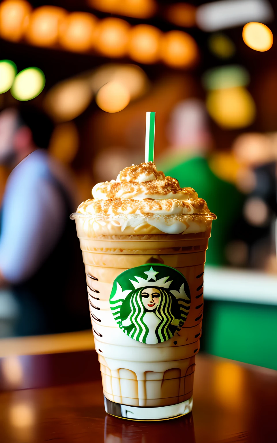 POV photo of an amazing Mocaccino milkshake with chocolate syrup. busy Starbucks dinner interior background, people in background, Starbucks logo on the glass, Cinestill 50D, photography