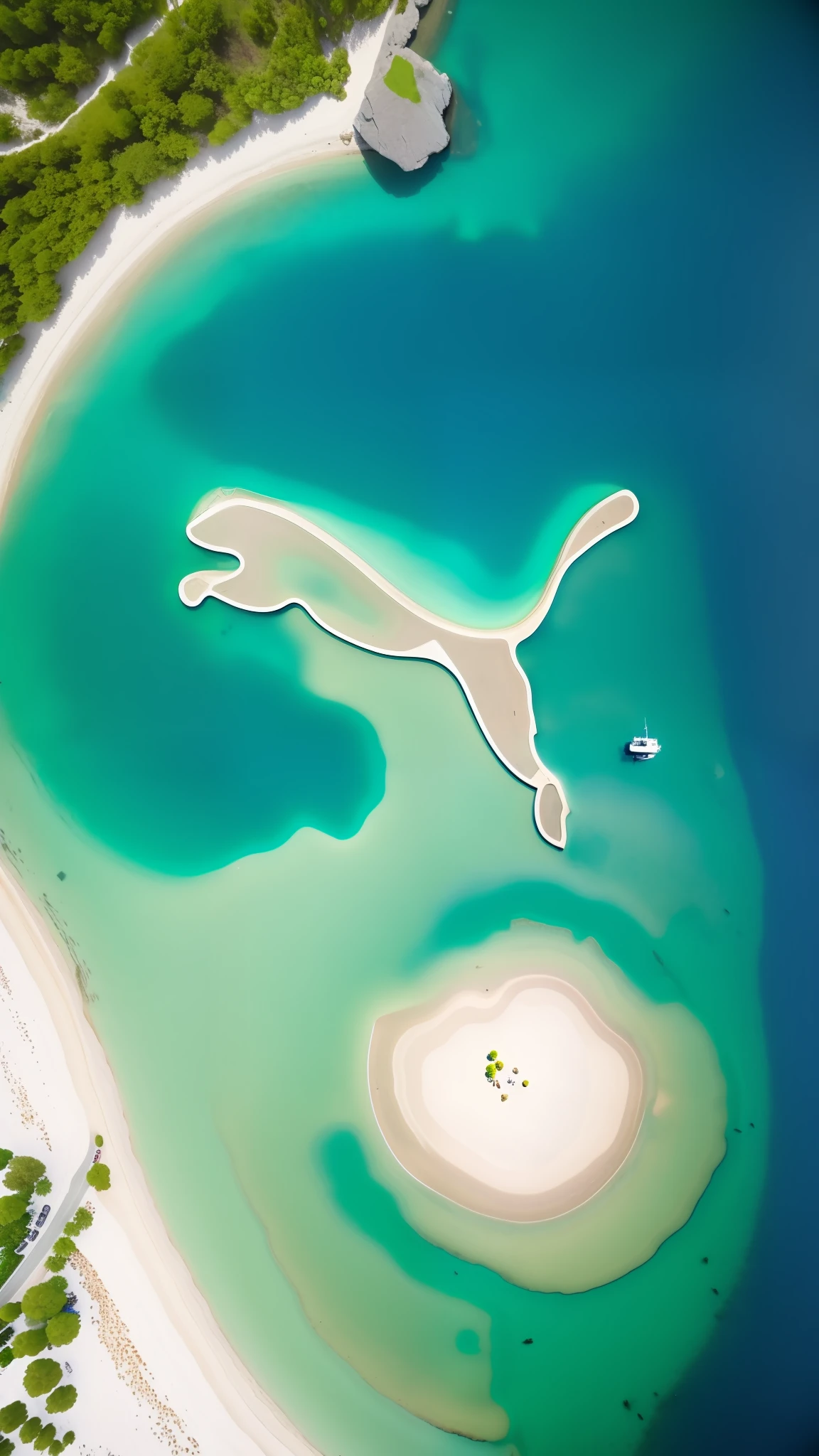 bird's eyes view,An apple-shaped island surrounded by the sea,There are green trees on the island,The island has white sandy beaches,There is a ship in the sea, drone photography, a photo by Matthias Weischer,From above, ariel view, View from above, shot from above, An island, an island floating in the air, tropical island, aerial shot, shot from drone, bird's eyes view, looking from above, shot from drone, very close to real nature, Bird's eye view