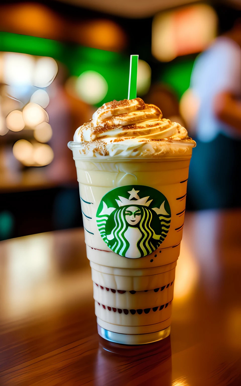 POV photo of an amazing Mocaccino milkshake with chocolate syrup. busy Starbucks dinner interior background, people in background, Starbucks logo on the glass, Cinestill 50D, photography