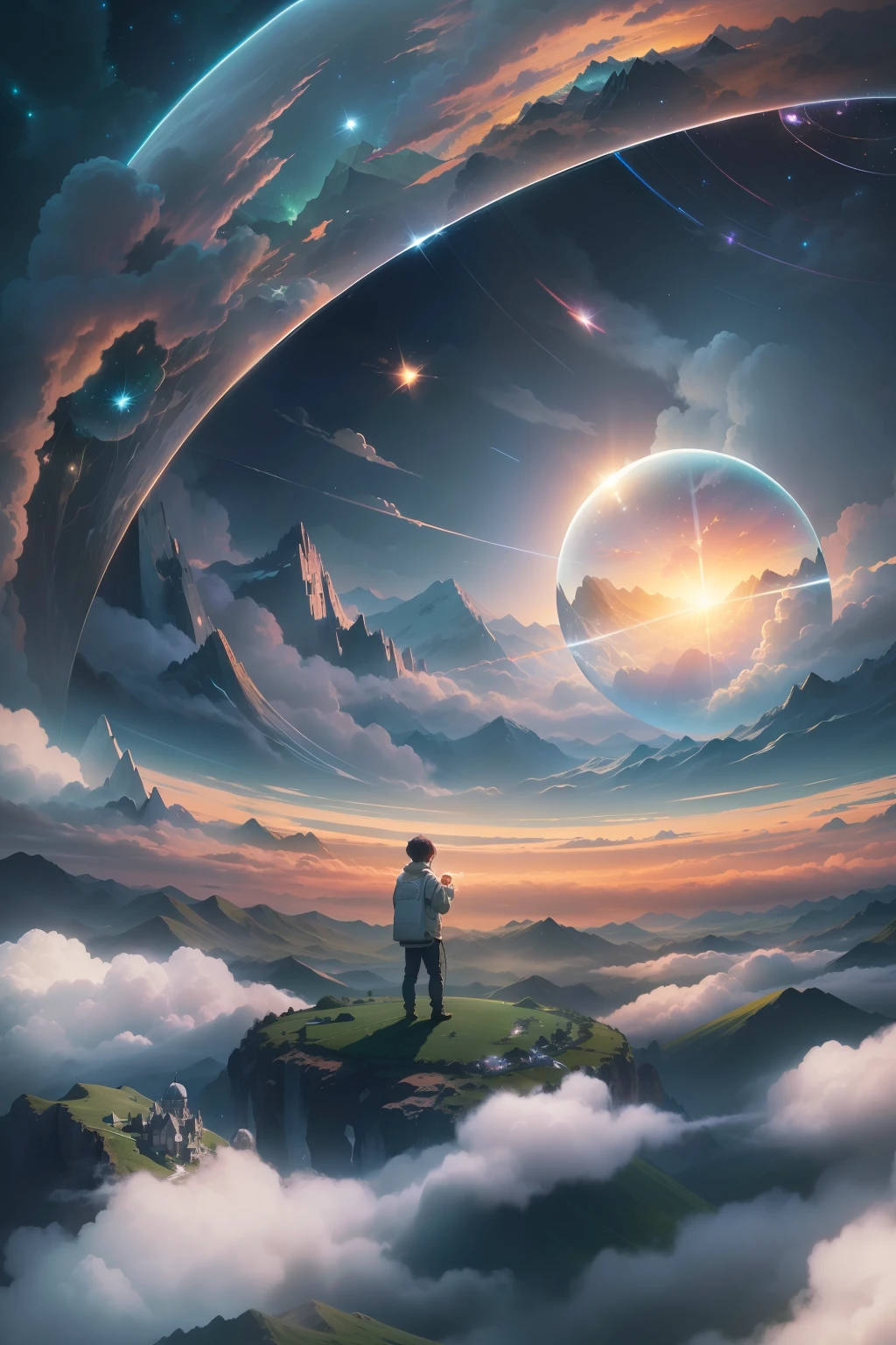 A giant mirror sphere floating in space, flickering lights, sad hamster lost (heaven like green fields surrounded by high mountains and clouds:1.3), particles in the air, god rays, stars in the background, intricate fractals, detailed, (illustration), masterpiece, high resolution, best quality.