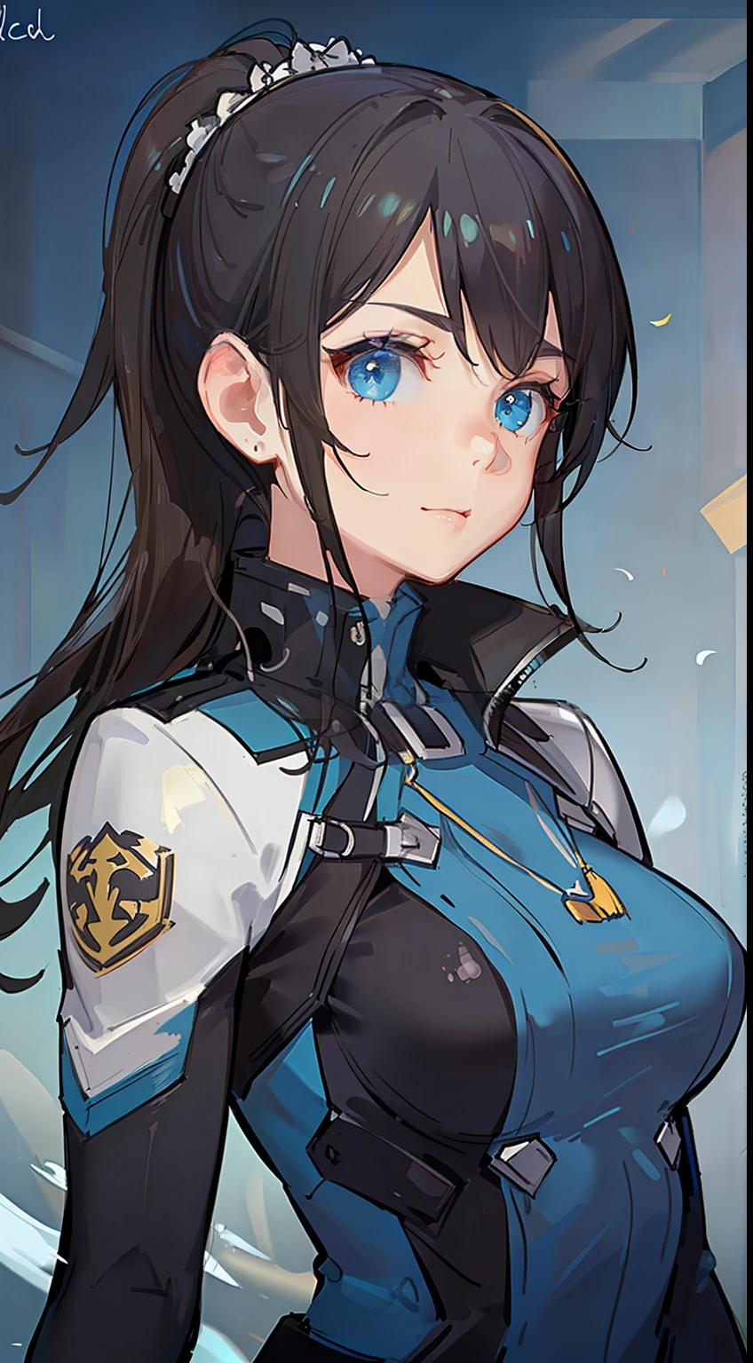 young girl, Long brown hair, high ponytail, Cyan eyes, Blue and yellow superhero uniform, Masterpiece, hiquality