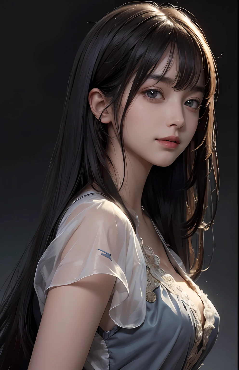 (Ultra Realistic), (Illustration), (Increased Resolution), (8K), (Extremely Detailed), (Best Illustration), (Beautiful and Detailed Eyes), (Best Quality), (Ultra Detailed), (Masterpiece ), ( wallpaper), (detailed face), solo, 1 girl, looking at viewer, fine details, detailed face, in the dark, deep shadows, low key, pureerosfaceace_v1, smiling, long hair, black shawl straight hair , 46 points oblique bangs