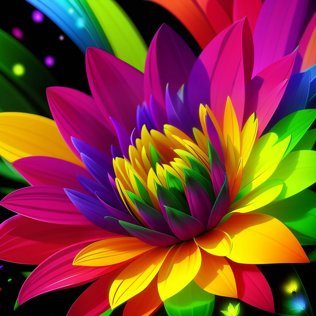 Brightly colored flowers with green leaves isolated on black background, a magical colorful flower, Vibrant digital painting, Beautiful flowers, Strong and vibrant colors, Colorful Digital Painting, Colorful HD Drip, Vivid and rich colors, rich floral color, beautiful and colorful, Vivid and colorful, Detail and vibrant colors, Beautiful bright colors, stylized digital art, Vivid realistic colors