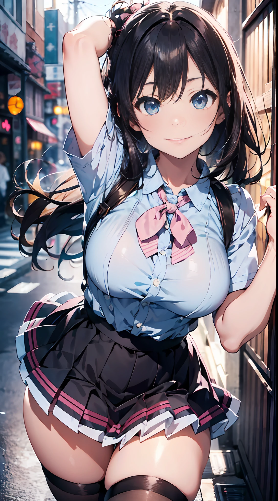 Anime style illustration, A high resolution, Ultra detailed, (1girll:1.3), (Dynamic pose):1.0 BREAK, Cowboy shot, (Pale skin:1.3), ((Detailed blue eyes)), (Bokeh effect), (Dynamic Angle), 1 The extremely beautiful and charming anime Kamo River, (Wearing schoolgirl clothing, Pink sailor shirt and dark gray pleated skirt, Black stockings), Break, She has a brown wavy double-sided upward haircut, Medium-breasted, Light smile, cheerfulness, Wind, 8 life size, Detailed clothes, Detailed body, detailed arms, human hand, Detailed hands, Perfect nose, Blush, Light smile, Pink lip gloss, looking a viewer, Facing the viewer, sexy model posing, extremely leaning forward against the viewer, Studio soft light, Cinematic light, Detailed background, Realistic, Ultra-realistic, Masterpiece, 32k ultra-sharp image, Japanese anime waifu, concept art by Kyoto animation, Makoto Shinkai,