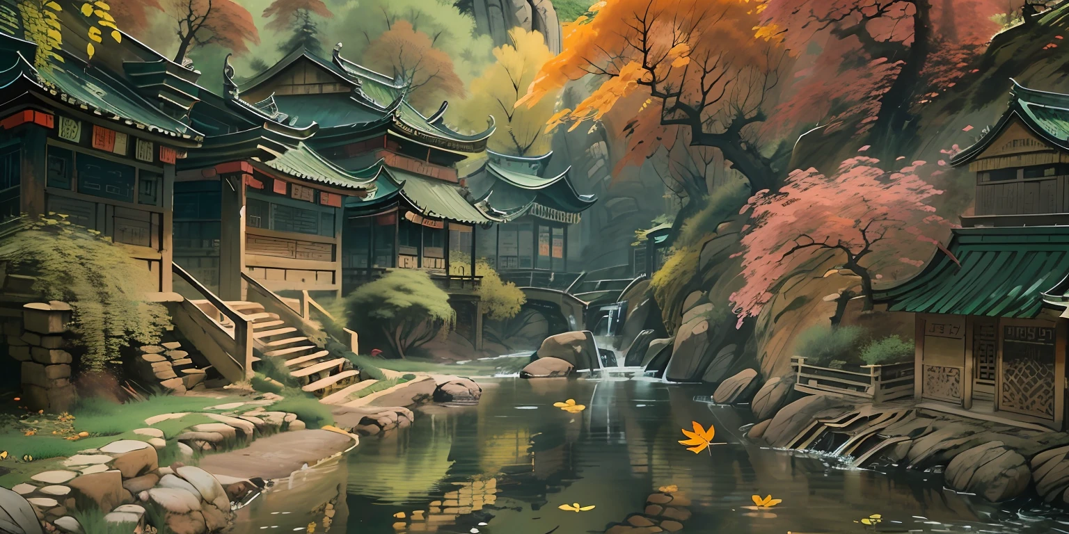 (super wide shot),(Best Masterpiece),8K,An ancient Chinese town nestled in the hills of the mountains,Densely wooded,The leaves are verdant,The stream is babbling,The visuals are beautiful and beautiful,full of sunlight,Summer landscape,Greenish-yellow,green leaf,green waters,Green trees