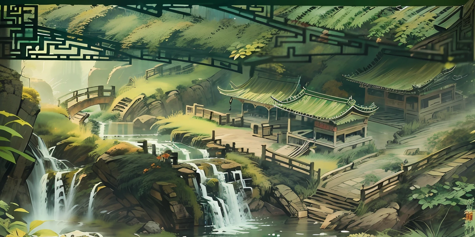 (super wide shot),(Best Masterpiece),8K,An ancient Chinese town nestled in the hills of the mountains,Densely wooded,The leaves are verdant,The stream is babbling,The visuals are beautiful and beautiful,full of sunlight,Summer landscape,Greenish-yellow,green leaf,green waters,Green trees