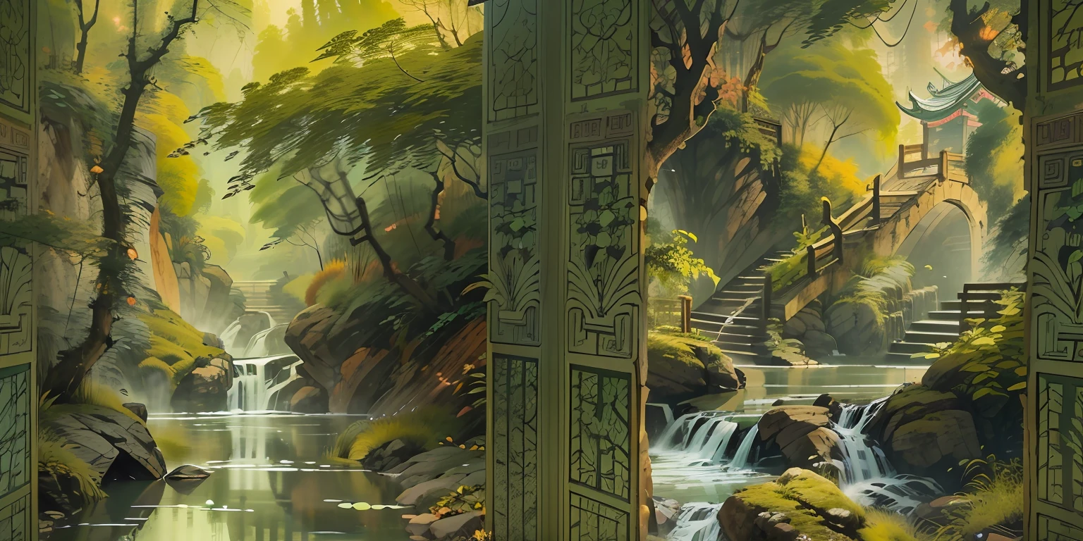 (super wide shot),(Best Masterpiece),8K,An ancient Chinese town nestled in the hills of the mountains,Densely wooded,The leaves are verdant,The stream is babbling,The visuals are beautiful and beautiful,full of sunlight,Summer landscape,Greenish-yellow,green leaf,green waters,Green trees