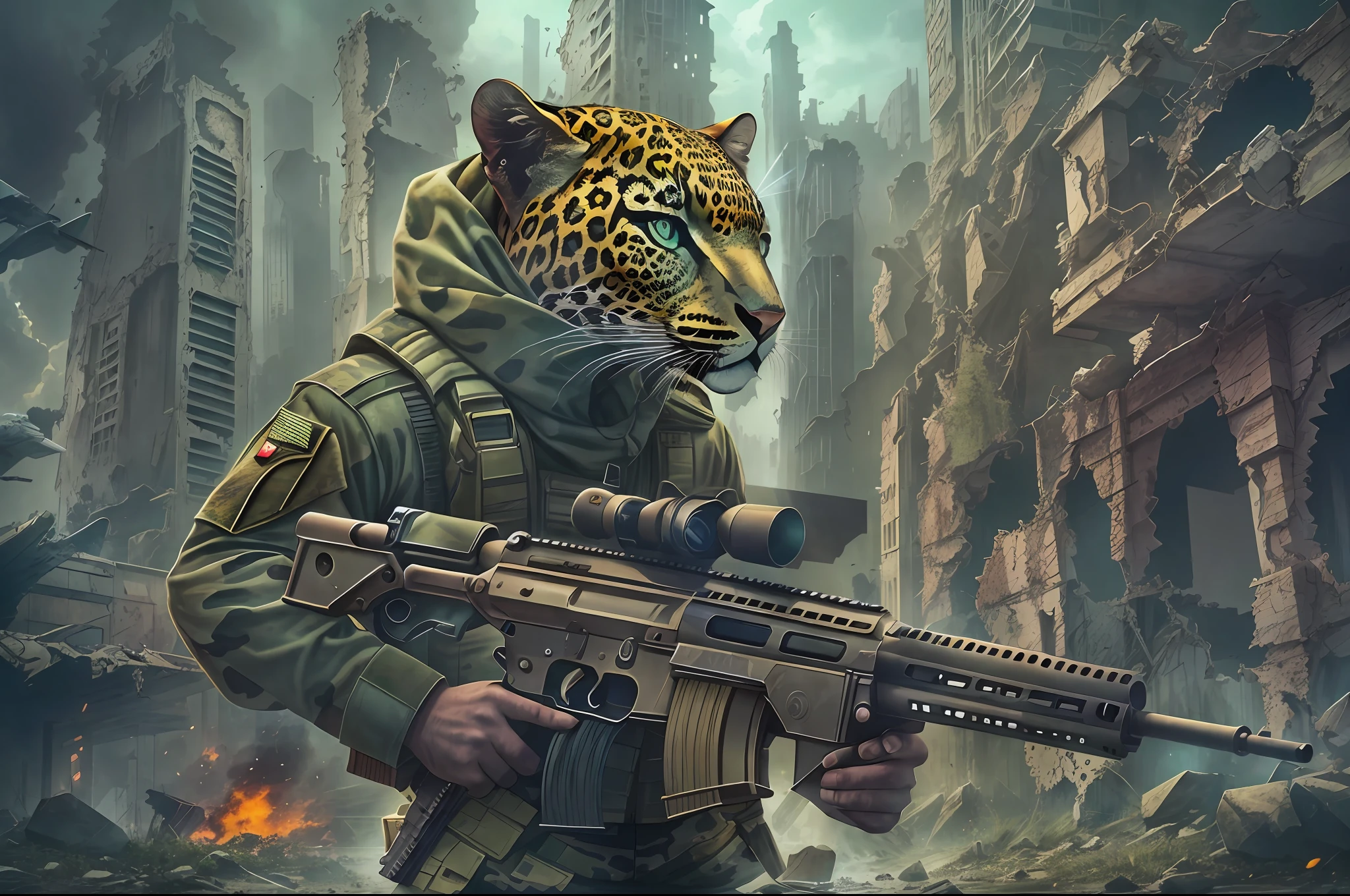 Surreal style，Future city ruins，sci-fy，Leopard head warrior，camouflage uniform，Firearms，Aim at me，super-fine，high qulity，A high resolution，Works of masters，dynamic viewing angle