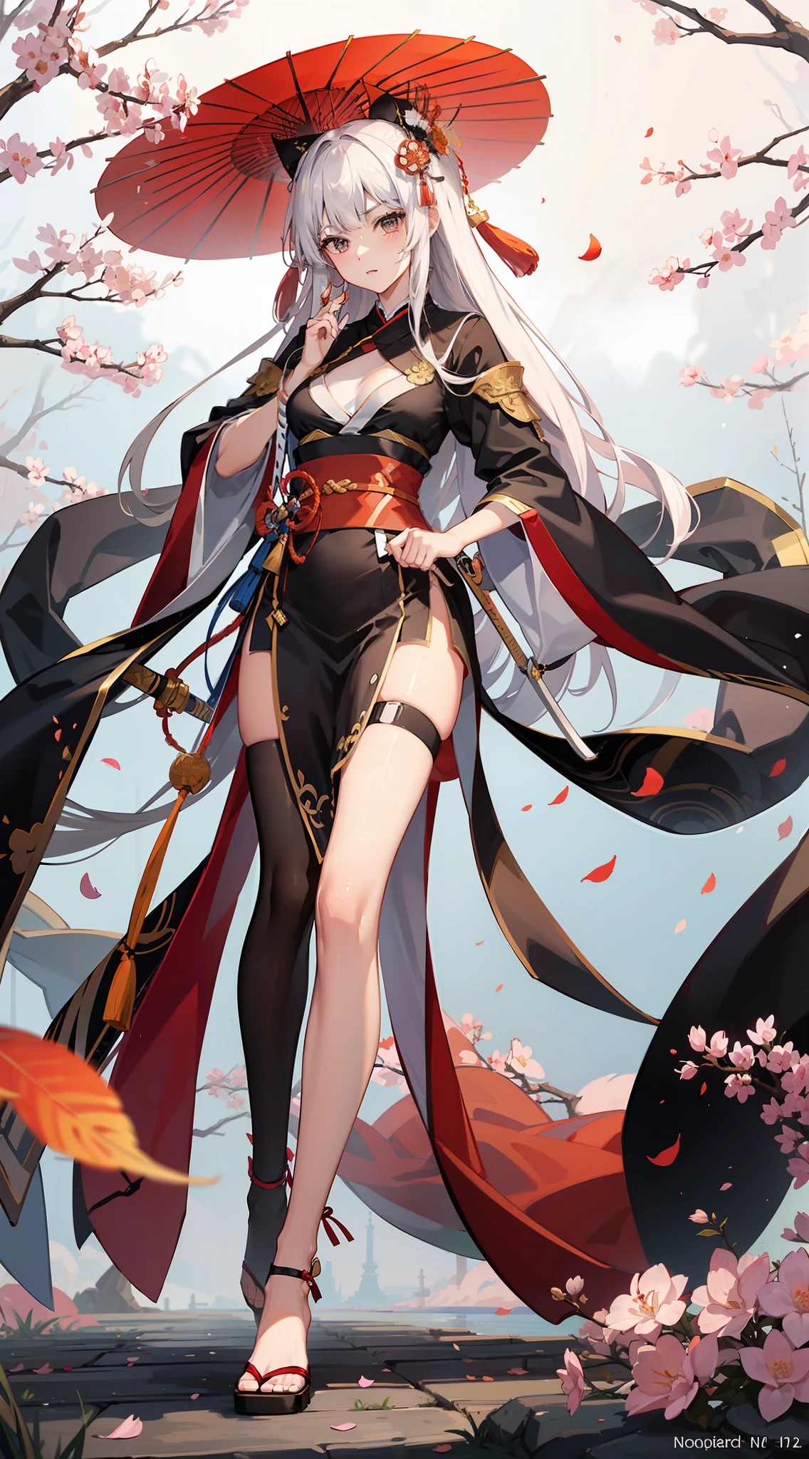 Graceful legs、long thin legs、thighhighs and skirt、long legged、Very beautiful slim legs、Very beautiful long slim legs、Walking、nice leg、good hips and long legs、Beautiful legs、cleavage of the breast、Colossal tits、 Gentle face、(Girl with a long Japan sword:1.2)、scabbard、Silvery hair、((Shrine of Japan、Colored leaves、torii gate:1.2))、Angle from above、Zoom to face、(Raw photography、top-quality)、(realisitic、Photorealsitic:1.3)、masterpiece、extremely delicate and beautiful、A highly detailed、nffsw、Unity、2k wallpaper、astonishing、finely detail、浅笑、Highly detailed ticker Unity 8k wallpaper、