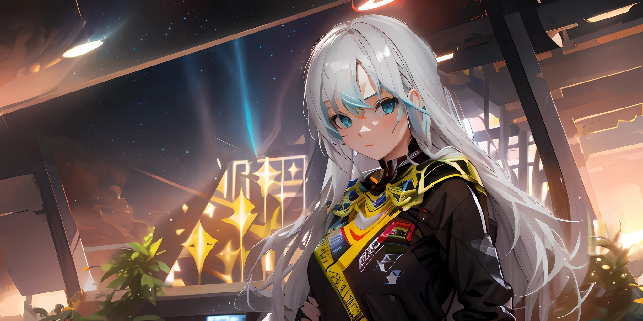 Anime figure，Junior Leader，portrait of teenage girl，style of anime，Turquoise style，Off-white hair，ssmile