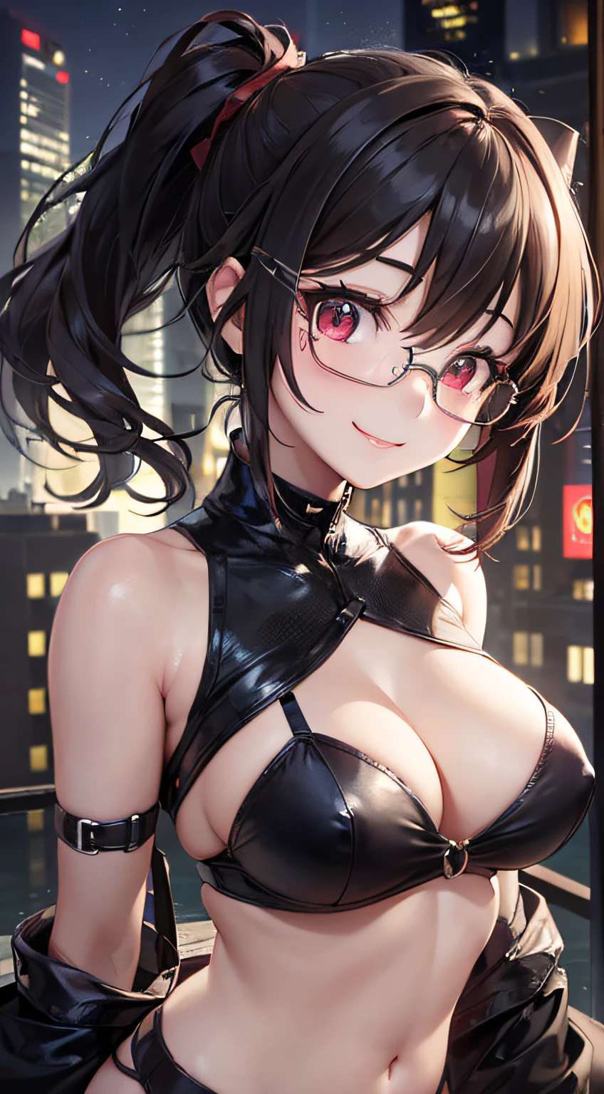 (in 8K, best qualtiy, masterpiece:1.2), The girls, cute little, The city of the near future, ciber, Night, (a smile:1.35), Red Eyes, Night, Floating hair, A dark-haired, animesque, front facing, eye glass, military outfits、tits out、valley、Lower breast
