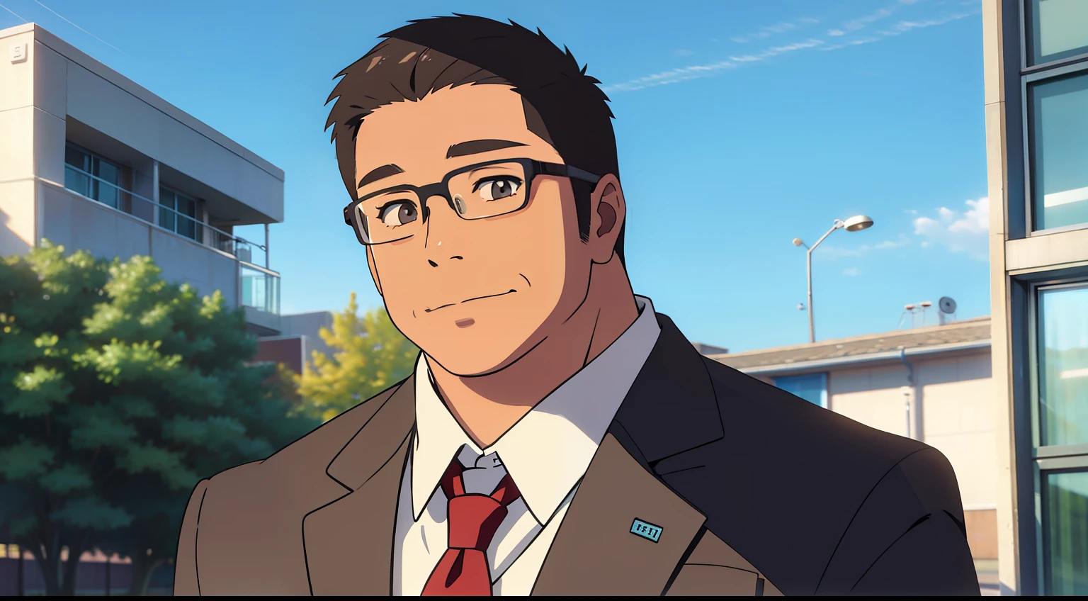 High school campus，outside，A chubby male teacher with glasses
