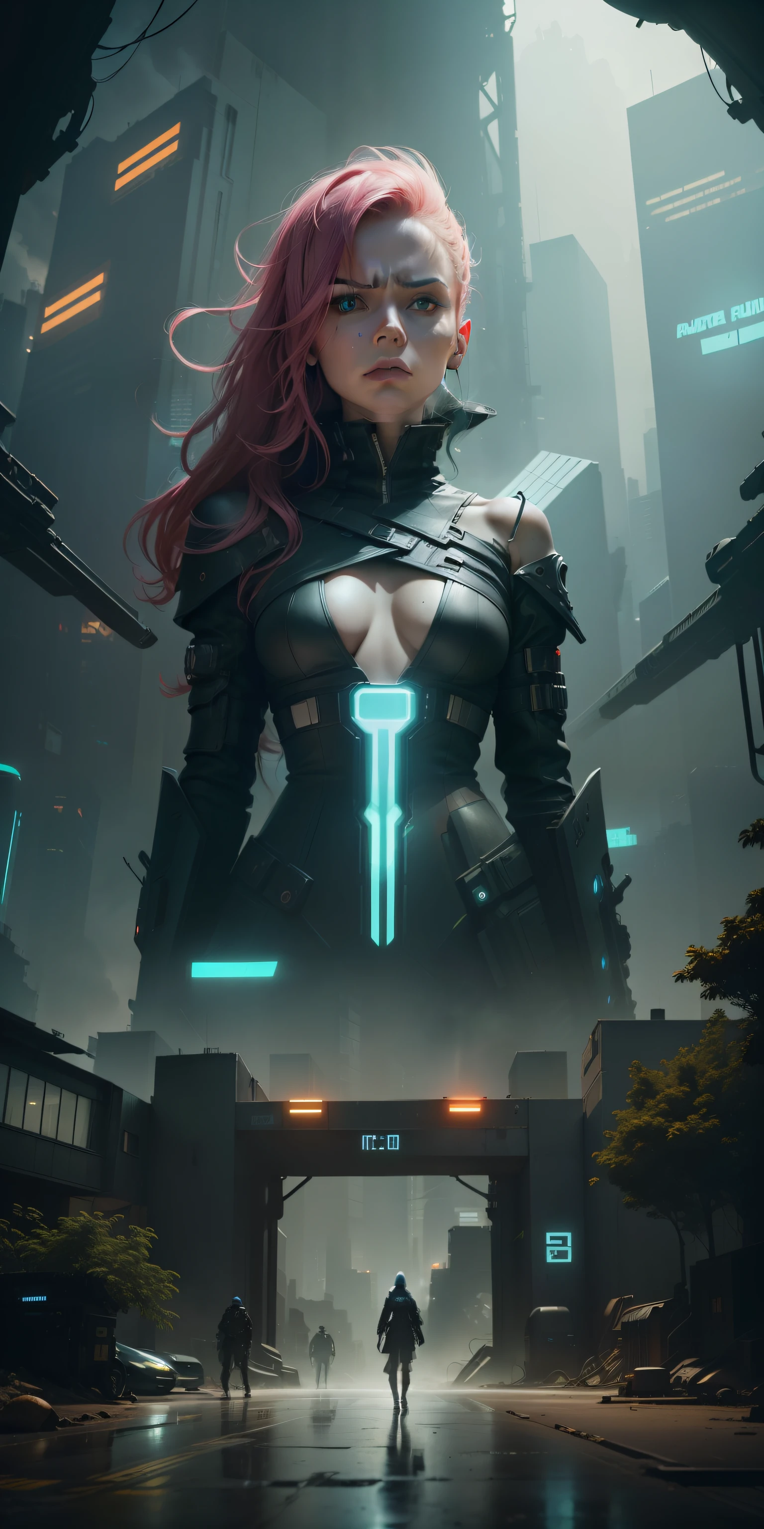 color photo of a cyberpunk illustration of a angry beautiful woman with petulant gaze emerging from a tunnel into a forest. The city skyline is seen in the background, and the sky is sunny. The environment is filled with a mix of natural and technological elements. The mood is futuristic and adventurous. The digital art is created using a Wacom Cintiq Pro and Adobe Photoshop. The camera settings include a high contrast and saturation to create a cyberpunk look. Directors: Ridley Scott, Denis Villeneuve. Cinematographers: Roger Deakins, Hoyte van Hoytema. Photographers: Tim Walker, Annie Leibovitz. Fashion Designers: Alexander McQueen, Gareth Pugh, Iris van Herpen.