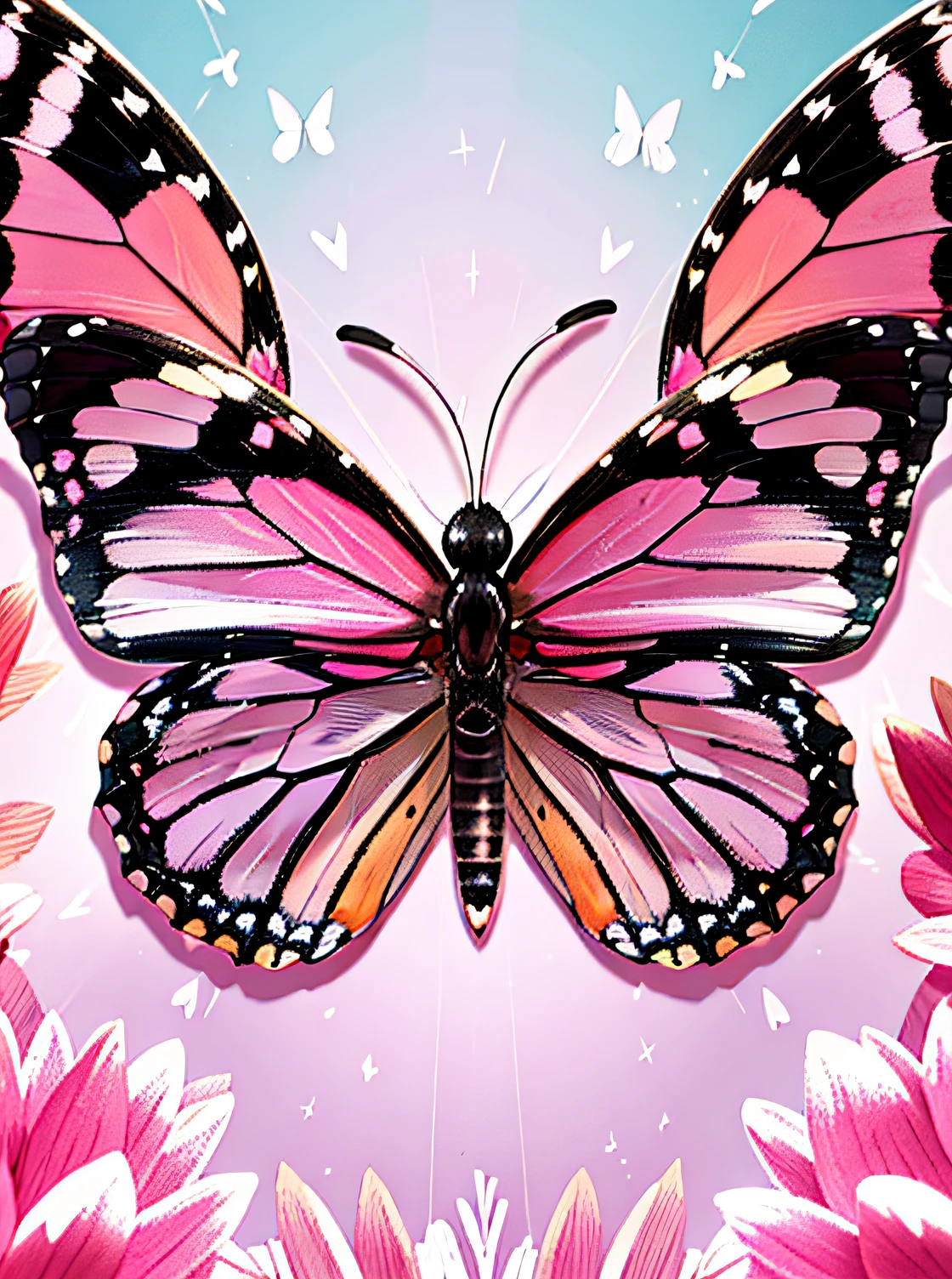 Close up of butterfly with pink and black wings, Butterfly, Butterfly wings, symetrical wings, finely detailed illustration, Symmetrical wings, beautiful opened wings, digitally drawn, butterfly pop art, hd illustration, harmony of butterfly, Butterflies, very detailed and high quality, transparent marble butterfly, A digital rendering, drawn with photoshop, butterfly jewelry, Majestic wings