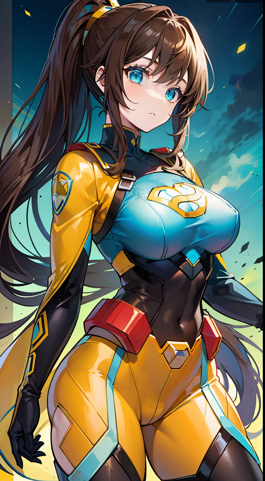 young girl, Long brown hair, high ponytail, Cyan eyes, Blue and yellow superhero uniform, Masterpiece, hiquality