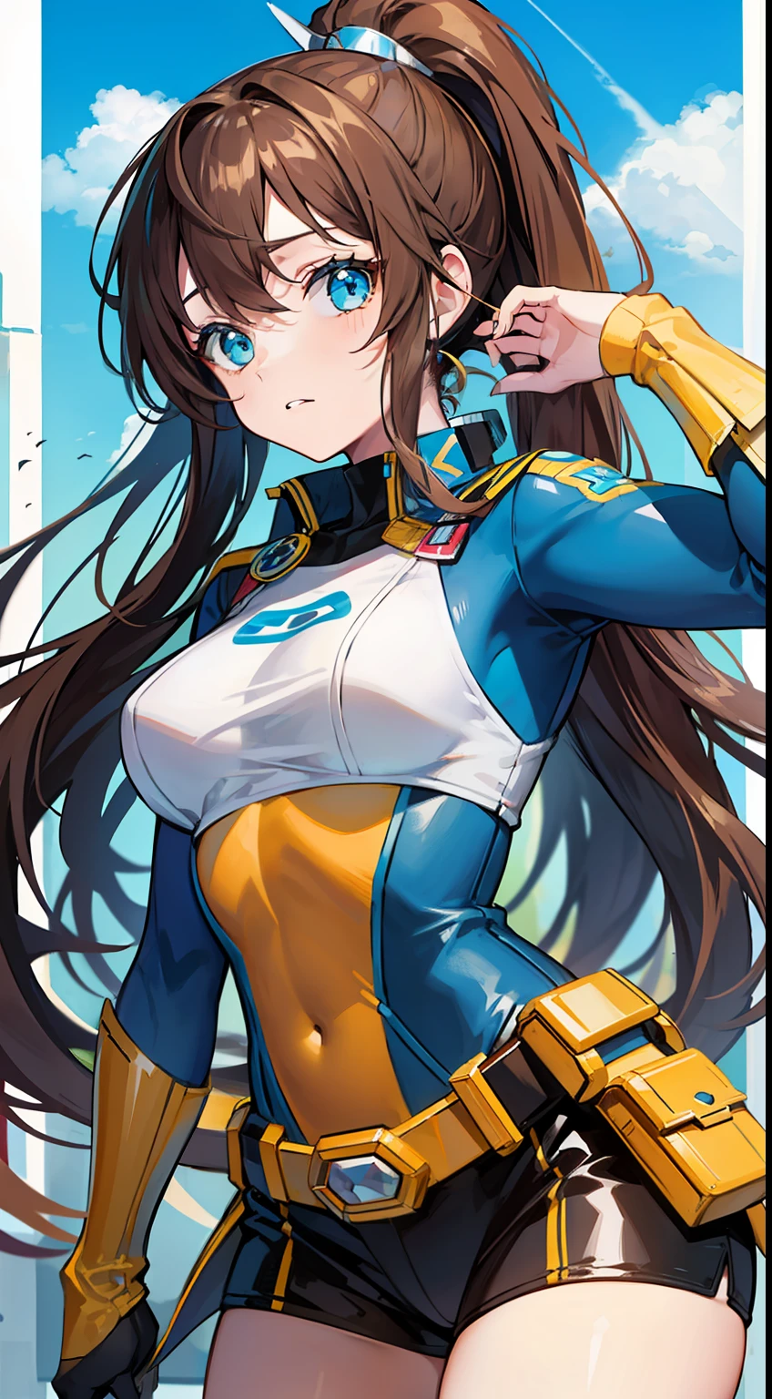 young girl, Long brown hair, high ponytail, Cyan eyes, Blue and yellow superhero uniform, Masterpiece, hiquality