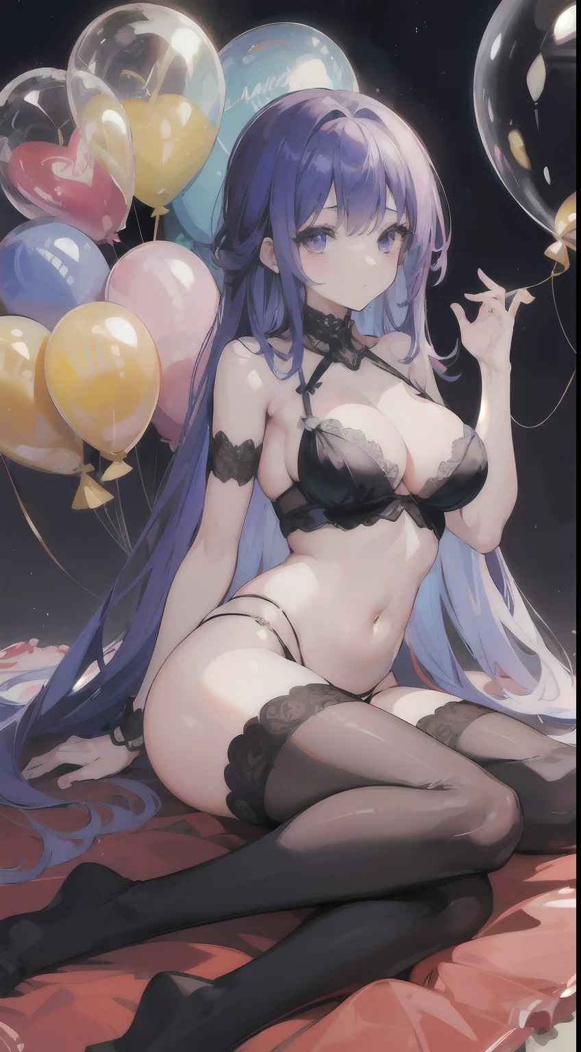 high quality, masterpiece, ultra-detailed, lingerie, panties, thigh highs, extremely coloured,  girl, beautiful, shiny skin, huge translucent eyes, long hair, balloons, selling helium balloons, a lot of balloons