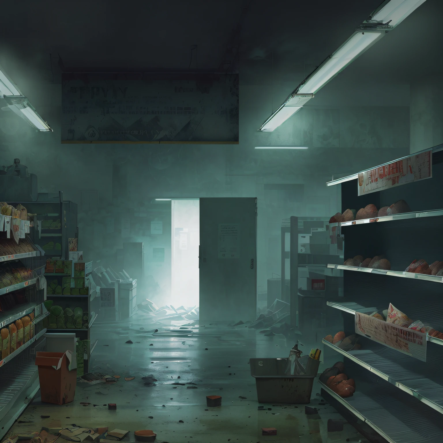 Clean and empty supermarket,photorealistic dark concept art, eerie nostalgic concept art, A post-apocalyptic shopping mall, highly realistic concept art, Dystopian digital concept art, silent hill concept art, author:Maxim Verekin, photorrealistic concept art, post apocalyptic atmosphere, detailed atmospheric and gritty