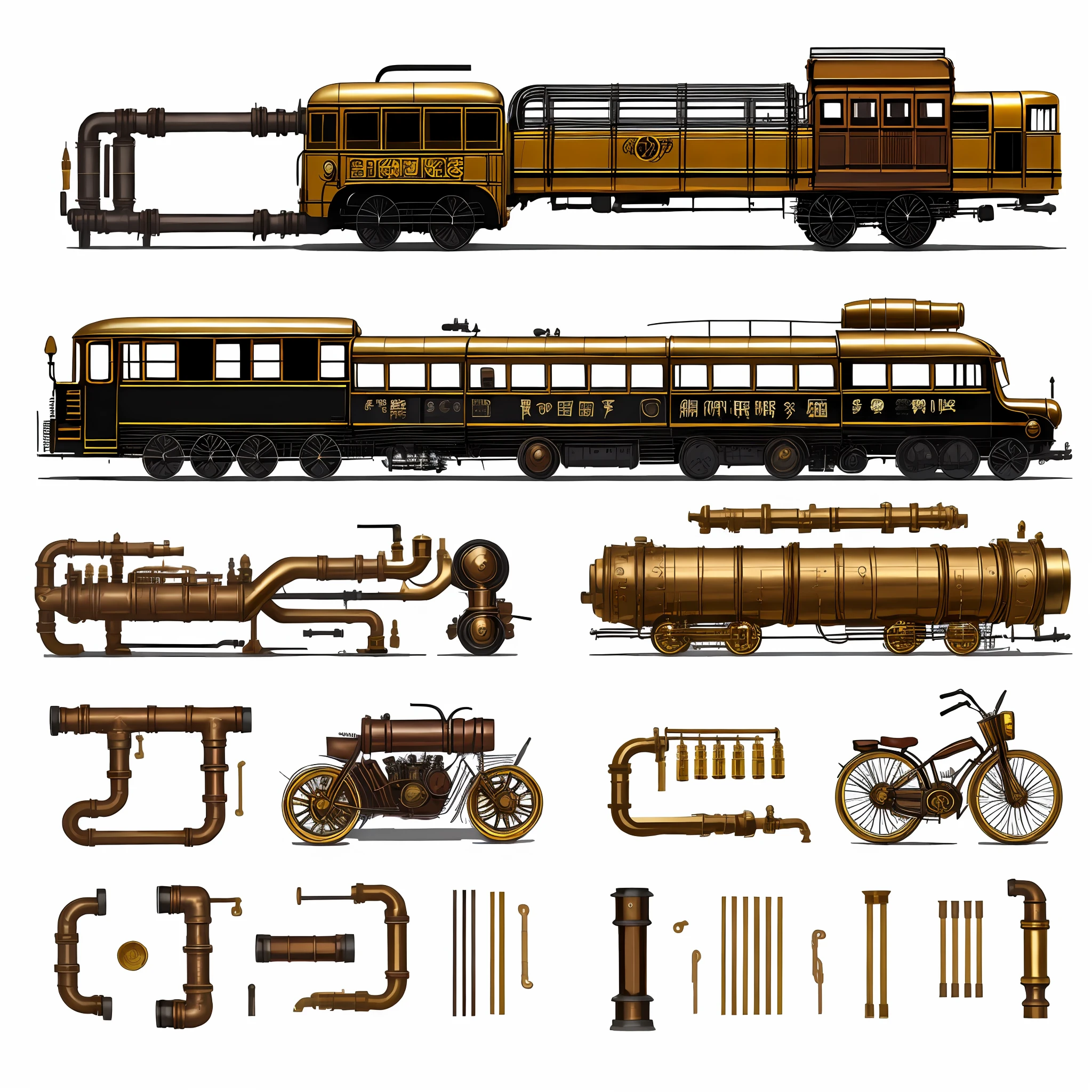 school bus、steampunc、from side view、brass、steel、Great photos of pipes、White background