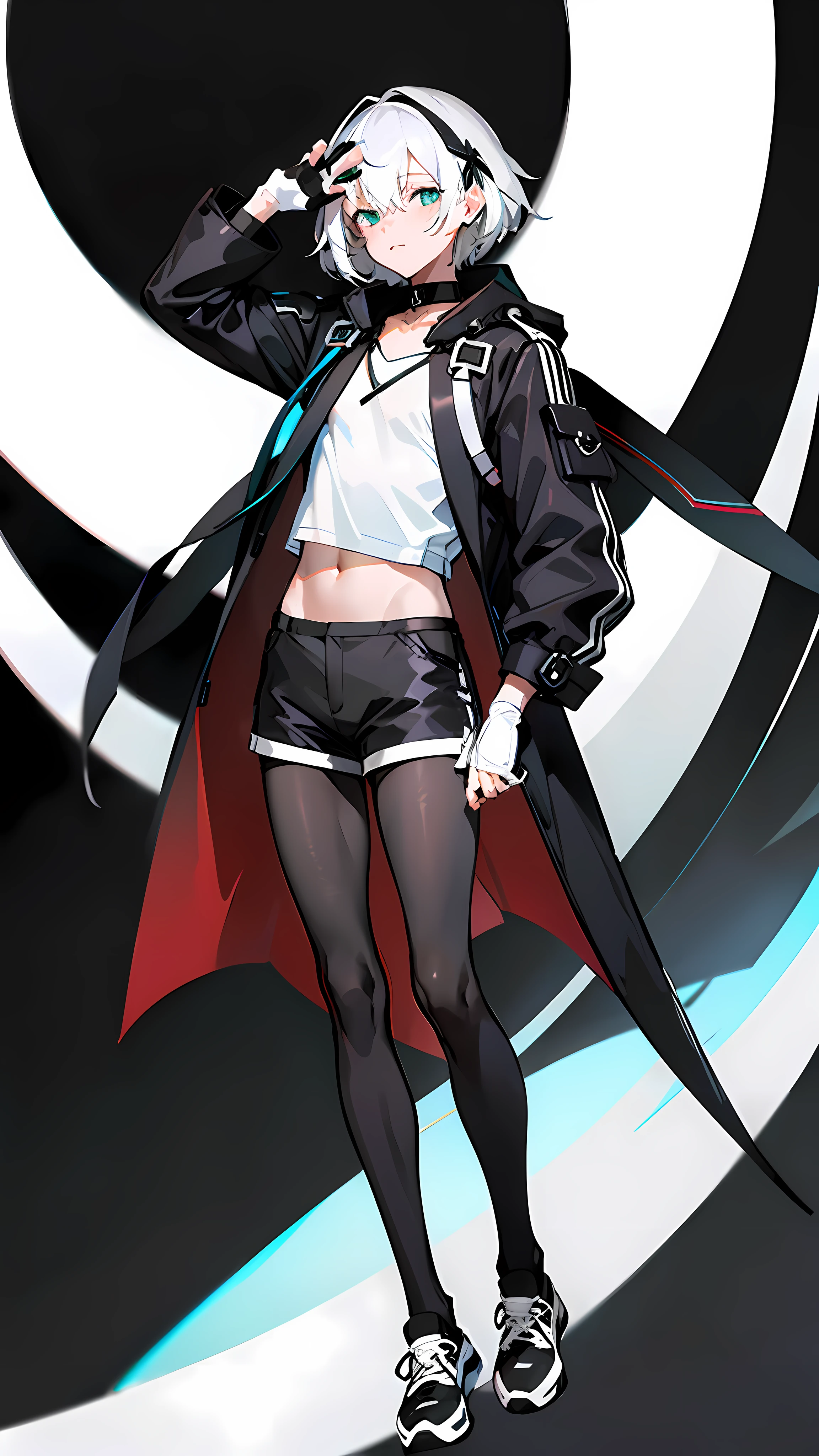 Masterpiece, Best quality, Solo,Boy, Pantyhose, White hair,Short hair, White shirt,(Black shorts:1.5), blackfootwear, full bodyesbian, Black pantyhose, shirt, Shorts, Coat, Open coat, view the viewer, Hood, Sneakers, Open clothes, Black coat, (Flat chest:1.7), No breasts,Long sleeves, bangs, Fingerless gloves, Short hair, hair between eye,Black background