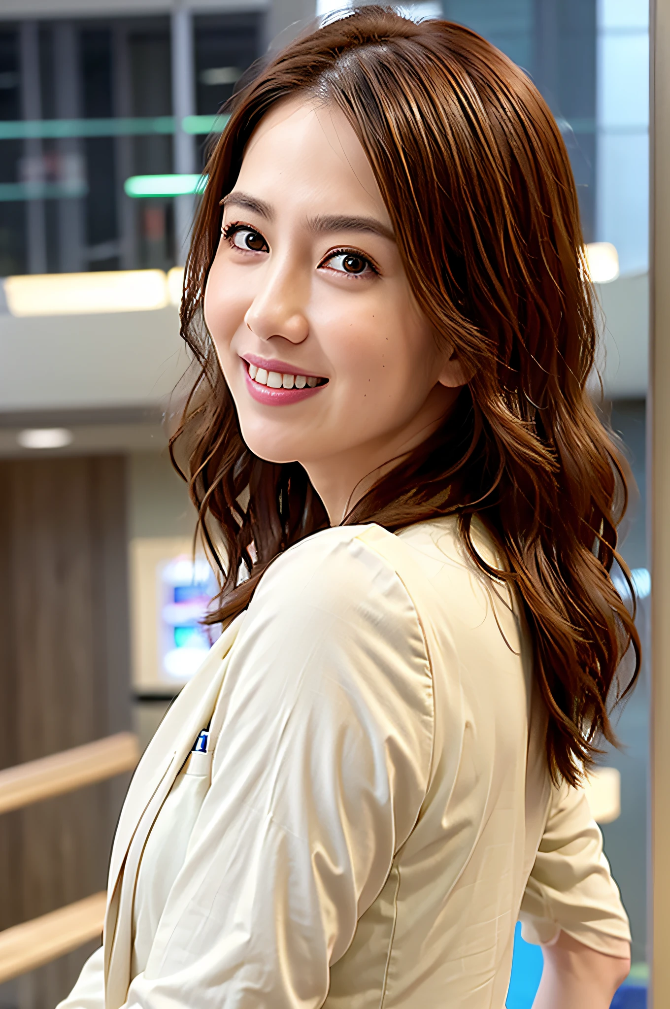 shopping mall, Long blonde fringed hair, Brown eyes, 1girll, , Smile, Innocent, 100mm lens, (Photorealistic, Lens flare:1.4), Look to the right, as a doctor, uniform, (Intricate details:1.2),(Masterpiece, :1.3),(Best quality:1.4), (超高分辨率:1.2), 超高分辨率, (Detailed eyes), (Detailed facial features), hdr, 8K resolution, (stethoscope), Far view, Reflection on the floor, Low cut open cloth