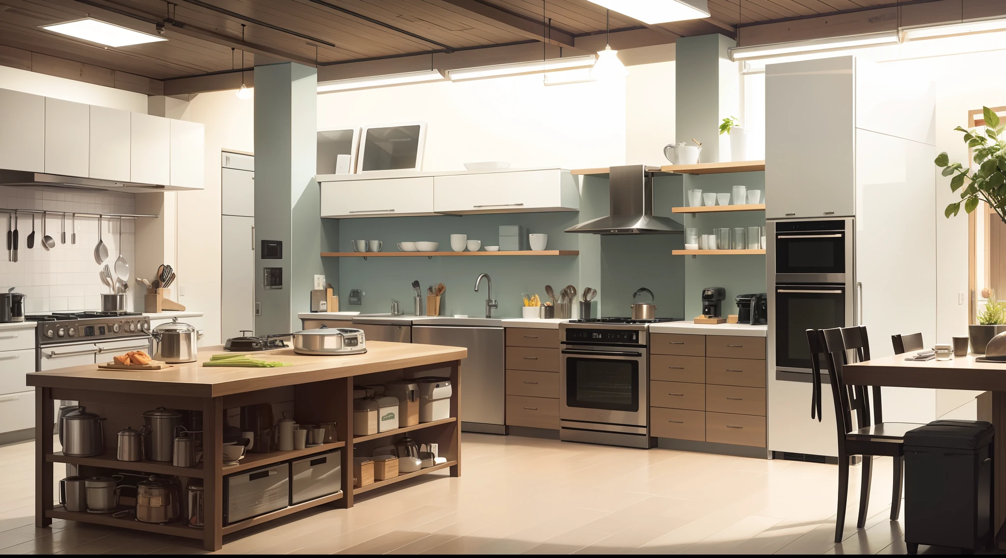 Merchandise showroom，Kitchen，can opener，Cooking utensils，coffee machines，saucepan，Crisper box，Roaster，spatula，microwave oven，A logo appears on the wall：Anycooker