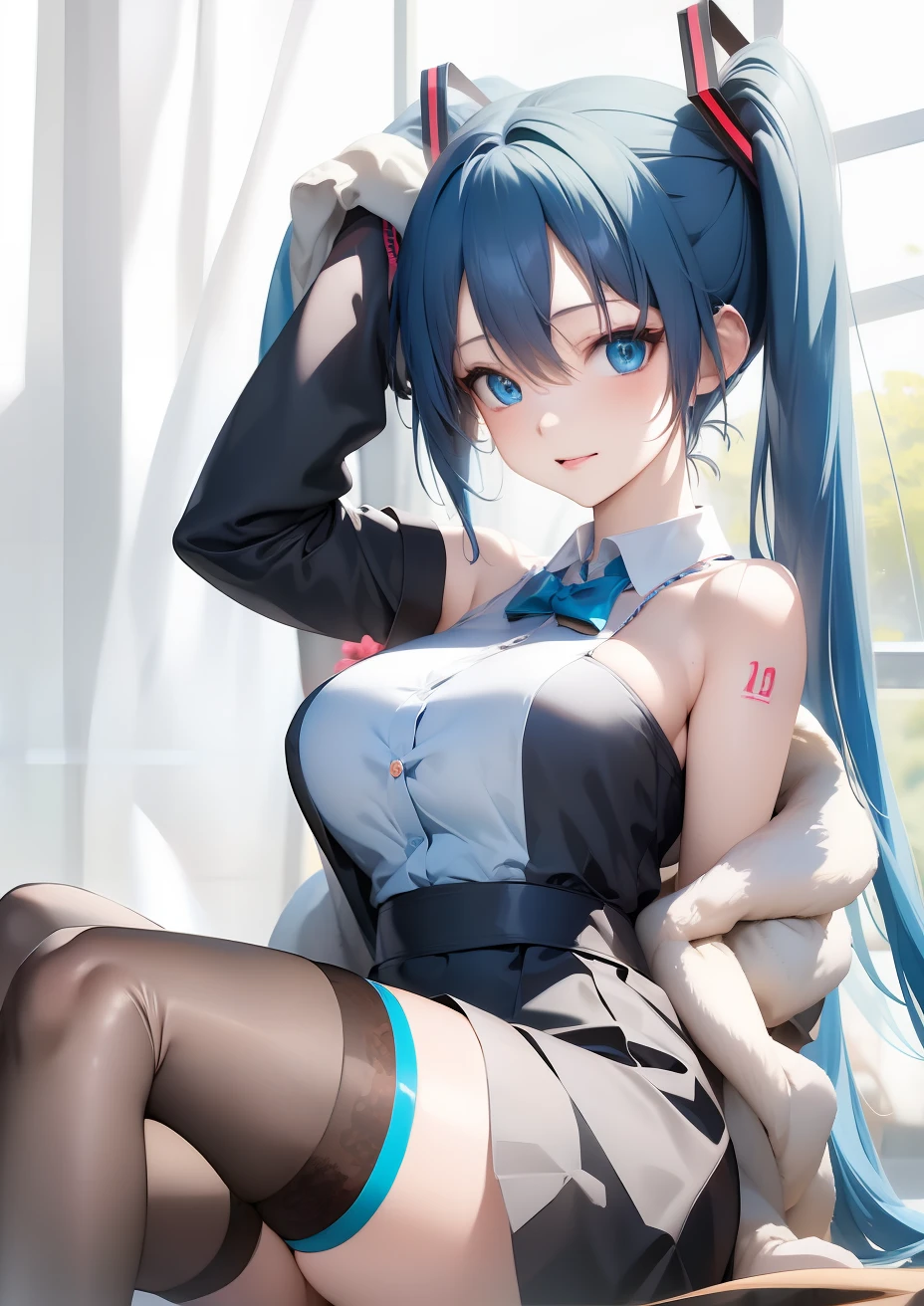 anime girl with blue hair and black stockings sitting on a bed, hatsune miku, portrait of hatsune miku, hatsune miku short hair, mikudayo, (anime girl), seductive anime girl, miku, nightcore, anime girl, vocaloid, hatsune miku portrait, attractive anime girl, anime girl with teal hair, beautiful anime girl, an anime girl,realistic ,ultra detail