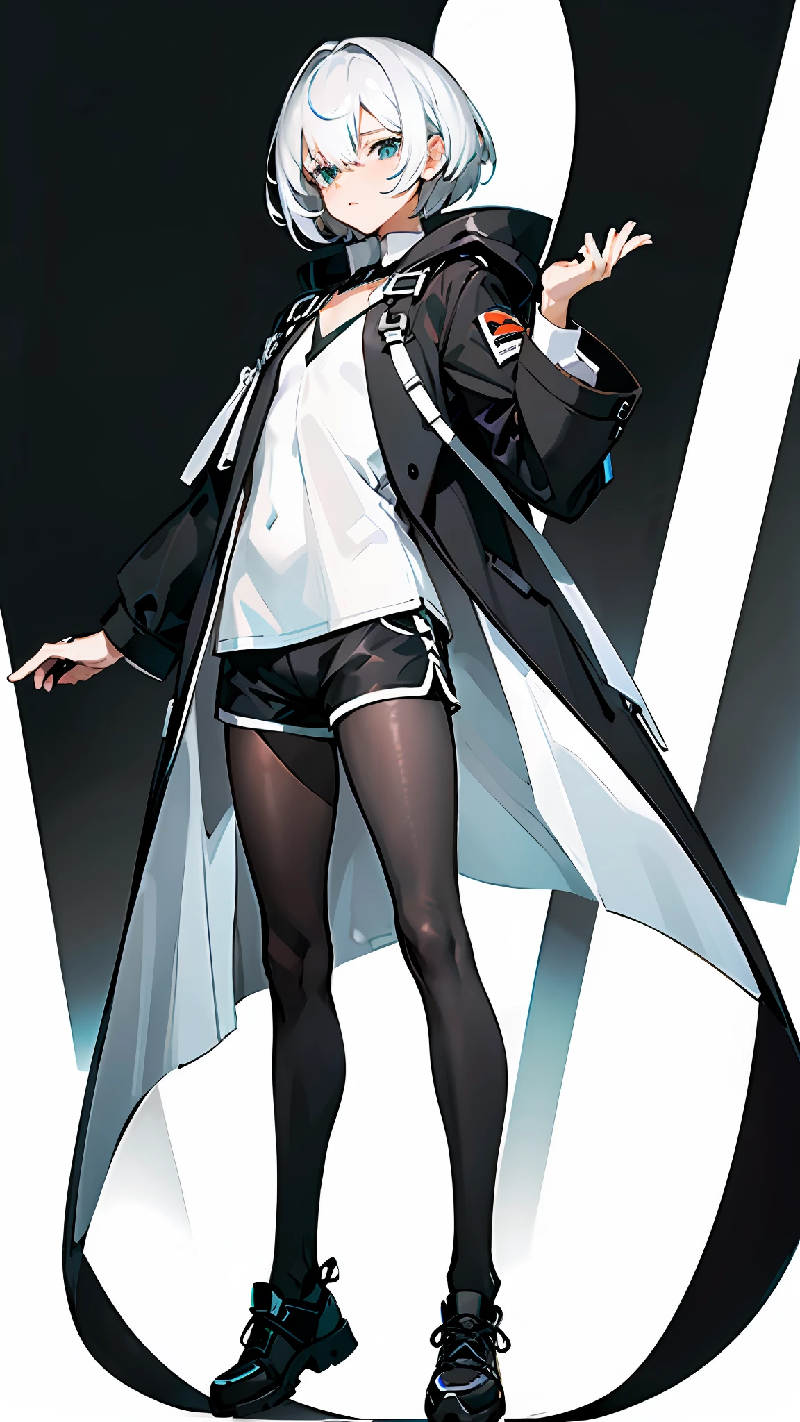 Masterpiece, Best quality, Solo,Boy, Pantyhose, White hair,Short hair, (White shirt:1.4),(Black shorts:1.5), blackfootwear, full bodyesbian, Black pantyhose, shirt, Shorts, Coat, Open coat, view the viewer, Hood, Sneakers, Open clothes, Black coat, (Flat chest:1.7), No breasts,Long sleeves, bangs, Fingerless gloves, Short hair, hair between eye,Black background