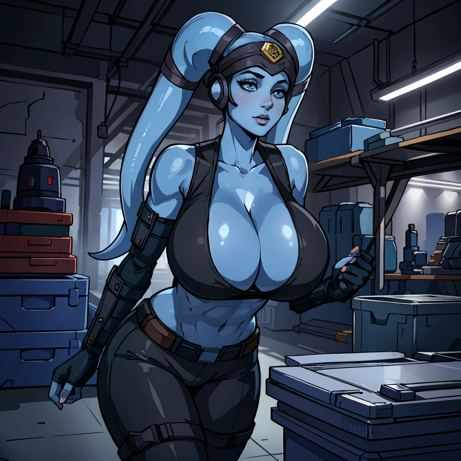 (masterpiece:1.2, best quality:1.2, beautiful, high quality, highres:1.1, aesthetic), detailed, extremely detailed, ambient soft lighting, 4K, perfect eyes, perfect face, perfect lighting, 1girl, (((blue skin)), twi'lek), (wearing black sleeveless shirt, grey utility vest, utility belt, fingerless gloves, tight pants, long boots, ((busty), slender body, thin, slim sexy body, slim waist, (((gigantic breasts), big cleavage))), futuristic warehouse, Star Wars,