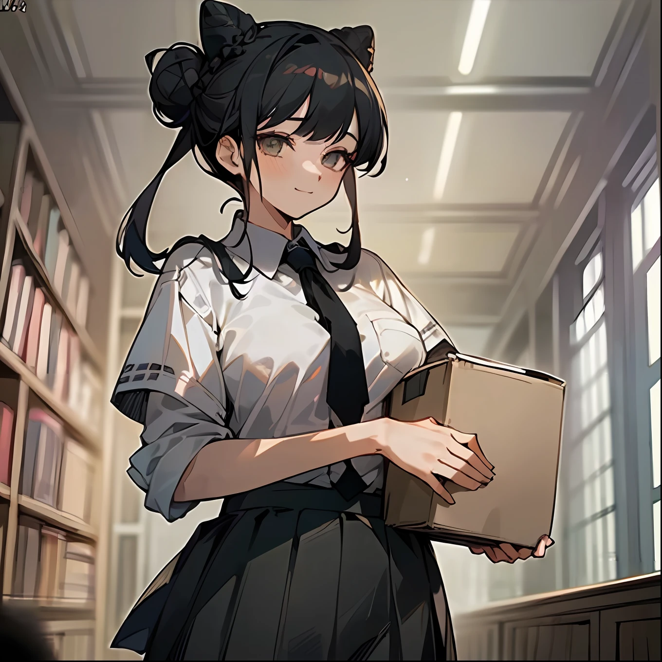 (komi_sch), (high school uniform), (carried breast rest:1.3), (carrying and holding a cardboard box from Amazon right under her chest:1.5), (64k, UHD, Raw photo, highes, Best Quality, mastepiece:2.0), (Ultra-fine depiction of details:3.0) a 18 yo woman, (a librarian), (collared white shirt, tie, ribbon), (neat, tidy, skirt:1.9), (black school stockings), (trying to deliver books to the customer), (cowboy shot, full body shot:1.3), (in a public library), (long black hair, single braid bun, double bun), (closed mouth with a faint happy smile), (perfect body, perfect figure), (perfect slender body), (perfect, flawless, natural skin texture, hyperrealism, effective front light, sharp), (perfect and effective front lighting:1.4)