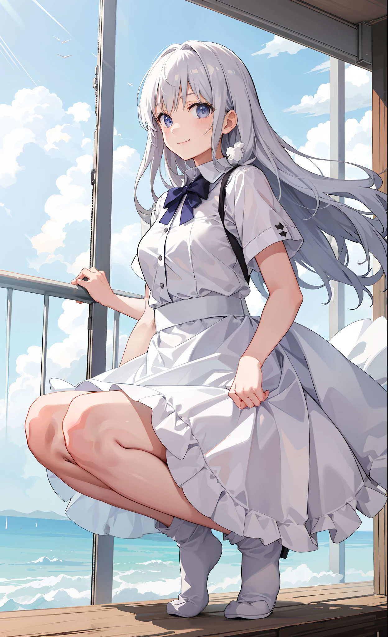 1girl in、A smile、The shirt、skirt by the、White fluffy dress、(small tits)、Chilarism、movement、the wind、crouching down、