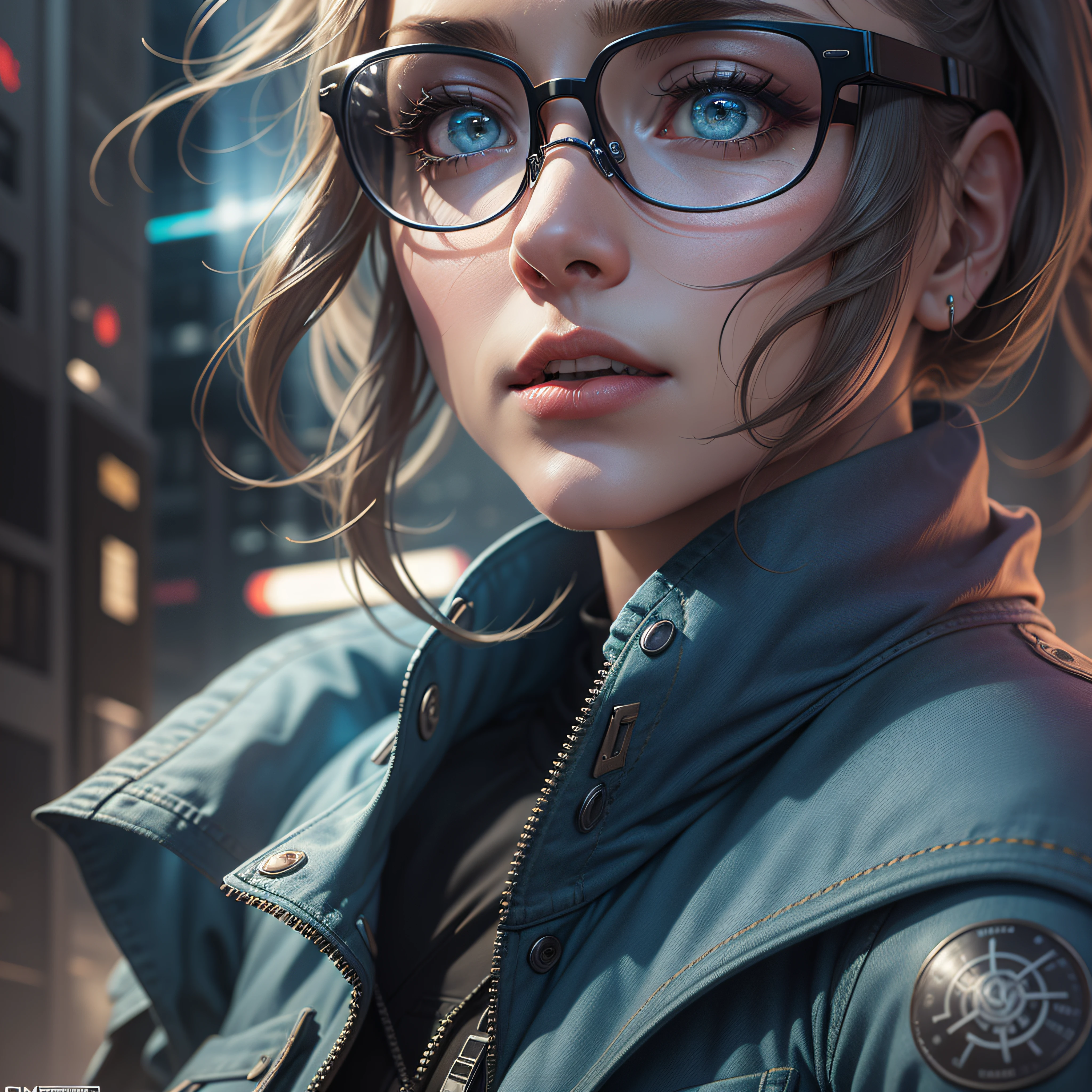 revealing the cover with high precision in the cybernetic cityscape in a denim jacket and glasses, higly detailed, Unbelievable quality, Trends on ArtStation, tmasterpiece, 8k