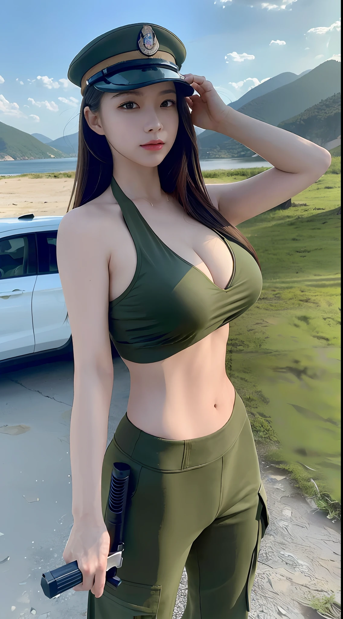 Ultra detail, high resolution, (realistic, realistic:1.4), 8k, (best quality), physical-based rendering, realistic photos, professional color grading, top quality, female soldier, holding a gun, aiming at viewers, long hair, slender body, military uniform, bikini, soldier hat, tied hair, military unit, tank, fighter,
