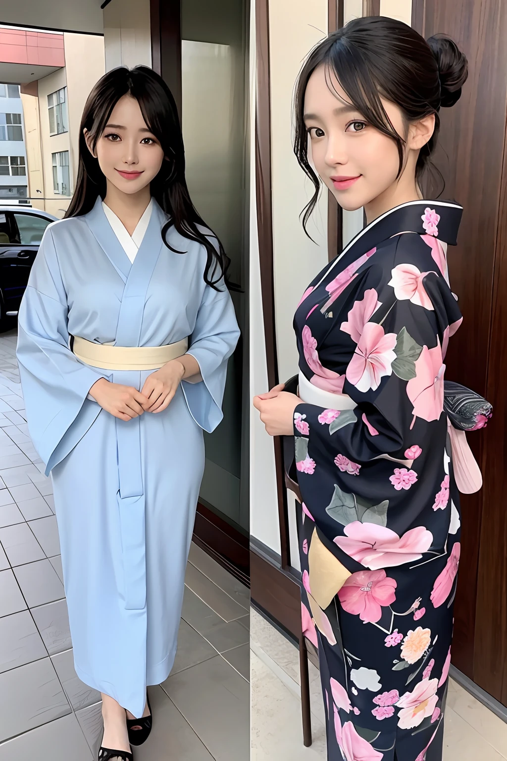 (8K)、(Top image quality:1.2)、(reallistic)、(Photorealsitic:1.37)、The ultra -The high-definition、1girll、Beautiful details、Beautiful nose in every detail、full body Esbian、hair arrange、Hair kanzashi、Mixing black and gray hair、Window side of a high-rise apartment building、posterior view、165cm、50kg、Colorful kimono_Clothes:1.Wearing 3、full body Esbian、Yukata in gentle colors