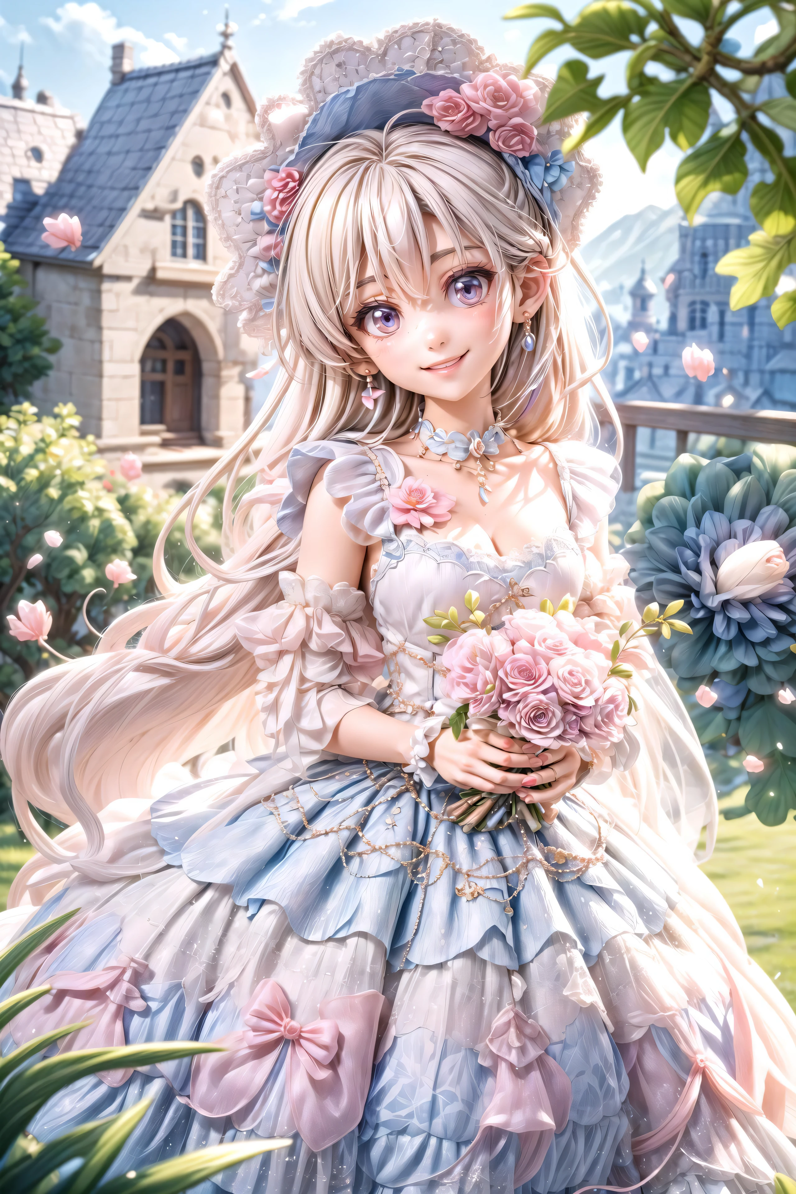 ta_dress, 1girl, full body, smiling, detailed clothes, look at viewer, best quality, masterpiece, hires, depth of field, outdoor, castle, flowers, petals, detailed background, having bouquet, diffused natural sunlight, diffused natural skin glow