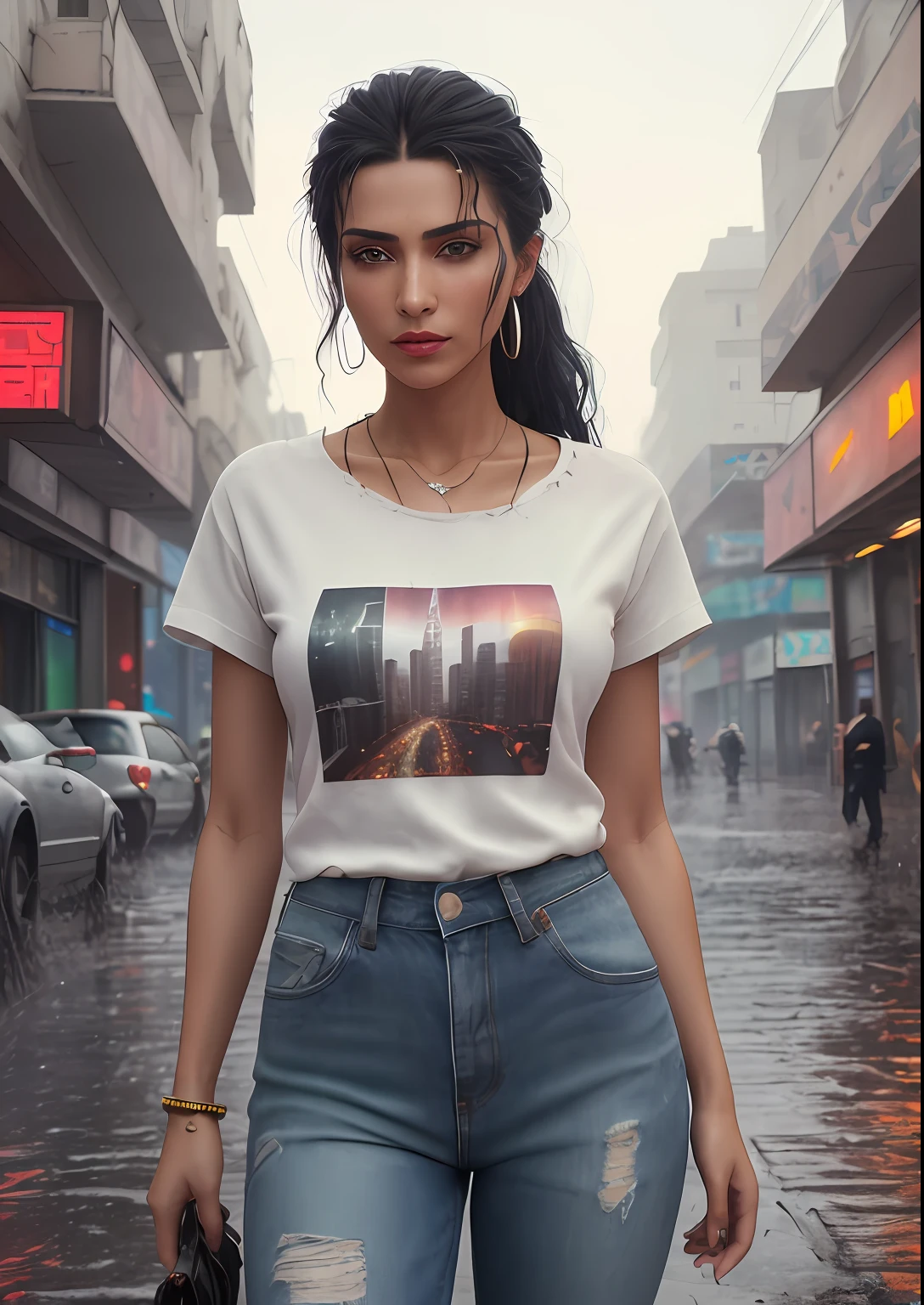 natural skin texture, 24mm, 4k textures, soft cinematic light, adobe lightroom, photolab, hdr, (full shot body:1.4) photo of tirkish woman, soviet union, 70s, retrofuturism, masterpiece, (photorealistic:1.4), best quality, ((old torn white Teeshirt with skinny torn jeans, perfect legs cldirty clothes)) beautiful lighting, ((old torn clothes, dirty))lying beaten on the ground, rain, mud, puddles, braided hairstyle, ray tracing, space background, ( very detailed background, detailed complex busy background : 1.4 ), sharp focus, volumetric fog, 8k uhd, dslr, high quality, film grain, ((depressive mood)), photorealism, lomography , at ( A sprawling soviet metropolis in a future dystopia ), view from below , translucency , (HDR:1.2), wearing basic white dirty Teeshirt, full body length, baggy tee-shirt, short sleeves tee-shirt, high ponytail, Iranian beauty, ankel Boots, whitened detailed skin, perfect toned body, 24 year old, ((Best Quality, 8k, Masterpiece:1.3)), Focus: 1.2, Perfect Body Beauty: 1.4, front looking 1.2, (black wavy short hairstyle)), 27 years old Arabian beauty, (Round neck plain Black Baggy Tee-shirt, baggy style, full length:1.1) , (rainy day, Street:1.3), Damage grey jeans, full length dark gray tight rip jeans: 1.1, Highly detailed face and skin texture, highly detailed hand fingers, highly detailed nose, highly detailed fingers nails, Detailed eyes, Double eyelids, toned body, Whitened skin, black wavy hair, Large prominent breasts, visible, no bra underneath, firm thighs, looking at camera, fashion shoot style, full body length tee-shirt, Short sleeves, small earrings, lots of fashion hand bands, bangle's, golden watch. Carrying brown leather hand bag, Red lipstick, regular fit Tee-shirt without print, long street, buildings, cars headlights on, rainy weather, wet hairs in rain, wet Teeshirt, dark cloud's, walking style, middle eastern beautiful women, model shoot, building's, neon signs, Smokey atmosphere,