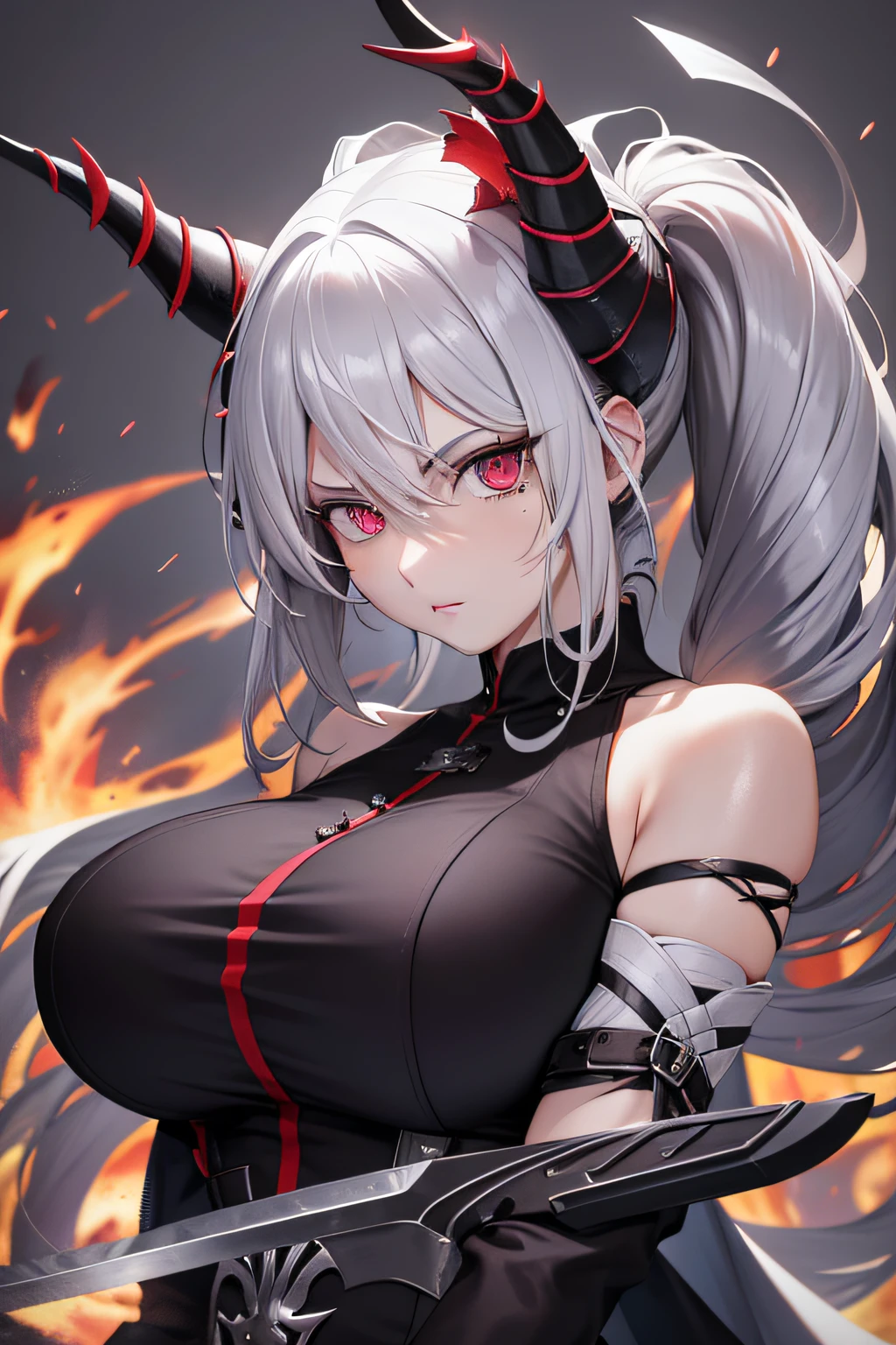 Silver hair, Long hair, pony tails, devil horns, Moles under eyes, Serious, jitome, Anime style, High detail, Chiaroscuro, hyper HD, High quality, Anatomically correct, Textured skin,Let's go: Proudly standing, swing the sword, dances, pitfall
appearance: Stylish black clothing, Sharp sword, D-cups, Determined gaze, raging flames, Sharp knife light, Debris scattered, Strong aura.