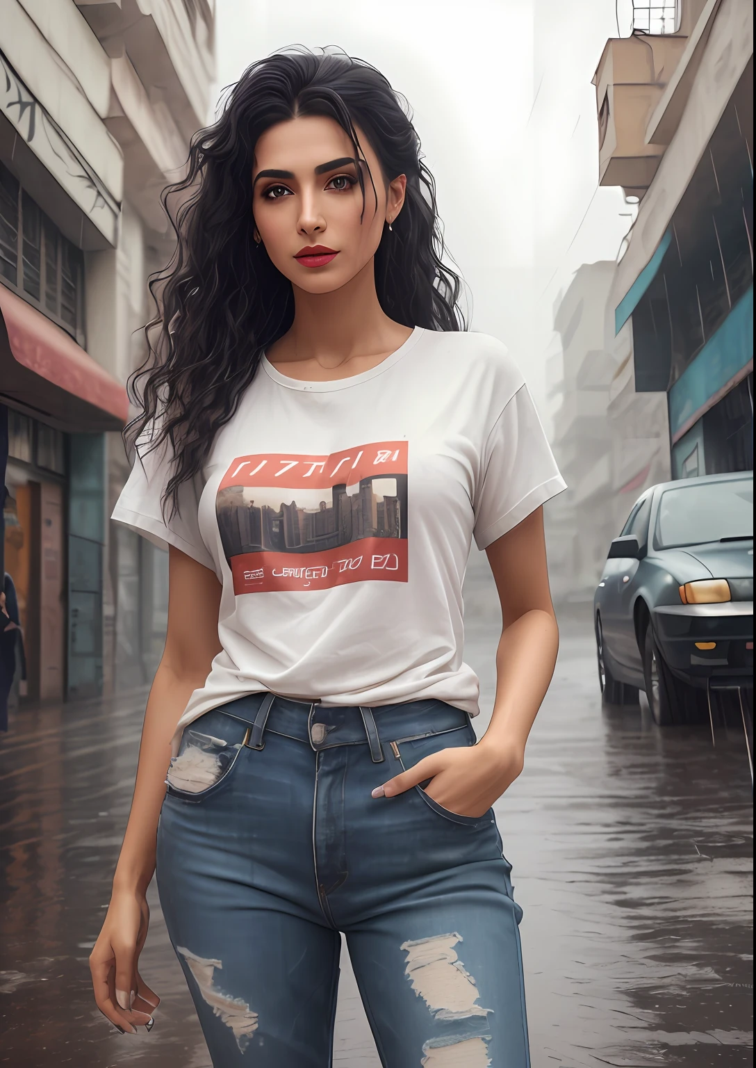 natural skin texture, 24mm, 4k textures, soft cinematic light, adobe lightroom, photolab, hdr, (full shot body:1.4) photo of tirkish woman, soviet union, 70s, retrofuturism, masterpiece, (photorealistic:1.4), best quality, ((old torn white Teeshirt with skinny torn jeans, perfect legs cldirty clothes)) beautiful lighting, ((old torn clothes, dirty))lying beaten on the ground, rain, mud, puddles, braided hairstyle, ray tracing, space background, ( very detailed background, detailed complex busy background : 1.4 ), sharp focus, volumetric fog, 8k uhd, dslr, high quality, film grain, ((depressive mood)), photorealism, lomography , at ( A sprawling soviet metropolis in a future dystopia ), view from below , translucency , (HDR:1.2), wearing basic white dirty Teeshirt, full body length, baggy tee-shirt, short sleeves tee-shirt, high ponytail, Iranian beauty, ankel Boots, whitened detailed skin, perfect toned body, 24 year old, ((Best Quality, 8k, Masterpiece:1.3)), Focus: 1.2, Perfect Body Beauty: 1.4, front looking 1.2, (black wavy short hairstyle)), 27 years old Arabian beauty, (Round neck plain Black Baggy Tee-shirt, baggy style, full length:1.1) , (rainy day, Street:1.3), Damage grey jeans, full length dark gray tight rip jeans: 1.1, Highly detailed face and skin texture, highly detailed hand fingers, highly detailed nose, highly detailed fingers nails, Detailed eyes, Double eyelids, toned body, Whitened skin, black wavy hair, Large prominent breasts, visible, no bra underneath, firm thighs, looking at camera, fashion shoot style, full body length tee-shirt, Short sleeves, small earrings, lots of fashion hand bands, bangle's, golden watch. Carrying brown leather hand bag, Red lipstick, regular fit Tee-shirt without print, long street, buildings, cars headlights on, rainy weather, wet hairs in rain, wet Teeshirt, dark cloud's, walking style, middle eastern beautiful women, model shoot, building's, neon signs, Smokey atmosphere,