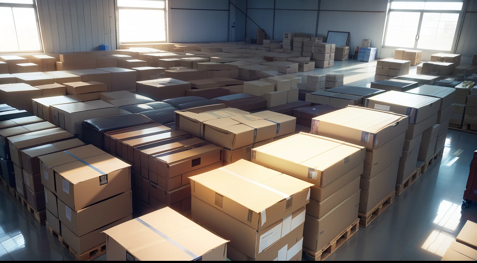 Boxes of sorted items are stacked on pallets in the warehouse,lots of sunlight,down view,The open box,There are various goods inside,