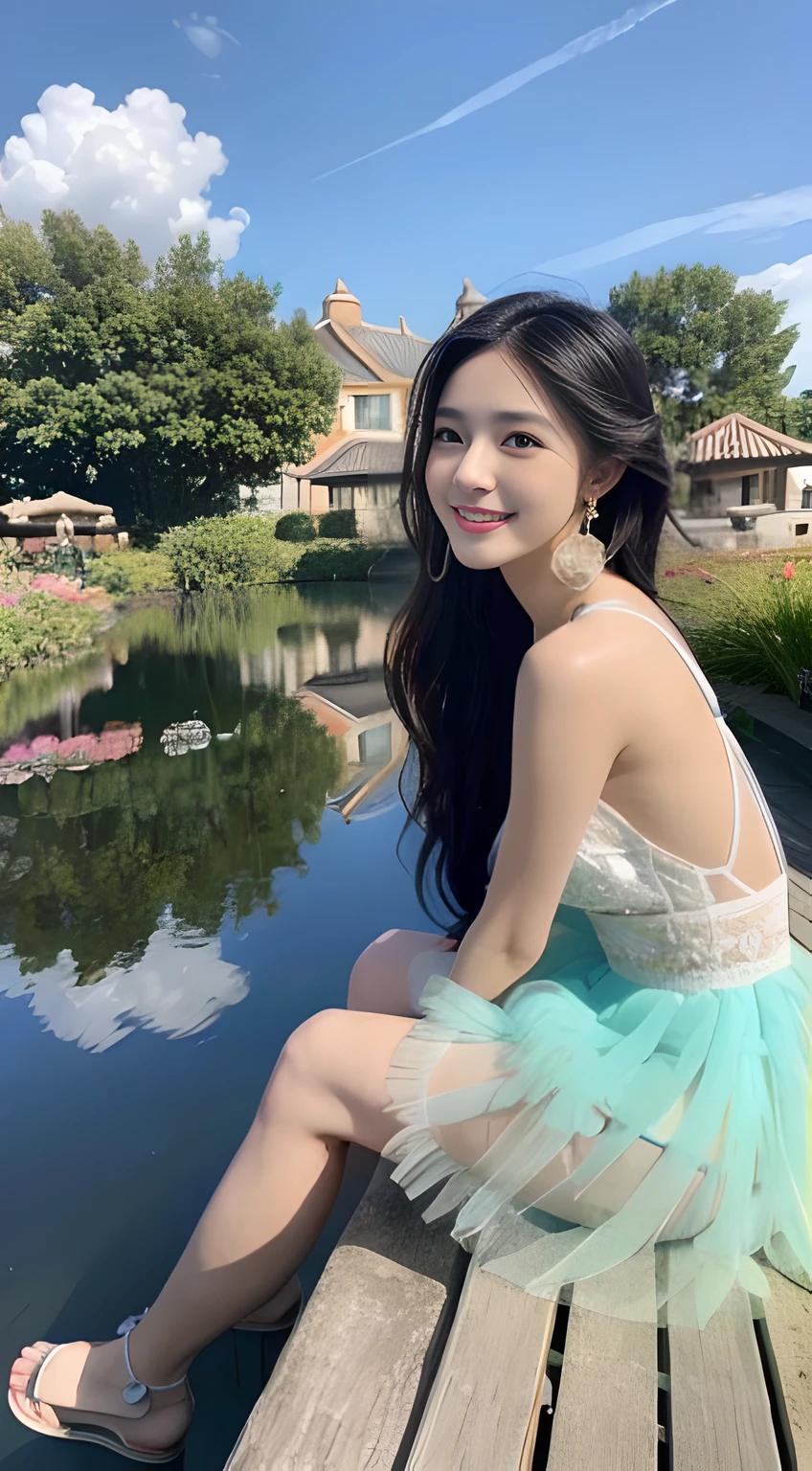 A young and beautiful,Beautiful cute girl,half-body photo。Extremely beautiful and delicate,Black color hair,A sweet smile,Delicate and beautiful fair skin,Realistic and realistic,exquisite and complete facial features,Detailed depiction of the face,tall nose bridge,Smooth hair,extremely detail hair,Feminine temperament,with a well-proportioned body,Realiy,White teeth,Tied up with hair,Hyper-realism,sandals,Extreme picture quality,Highest precision,Precise and perfect human anatomy。with blue sky and white clouds,rays of sunshine,(Tutu dress)(telephoto shot,)Express the landscape,By the lotus pond,There are lotus flowers,Highlight portrait。Wearing earrings,Sideways photo